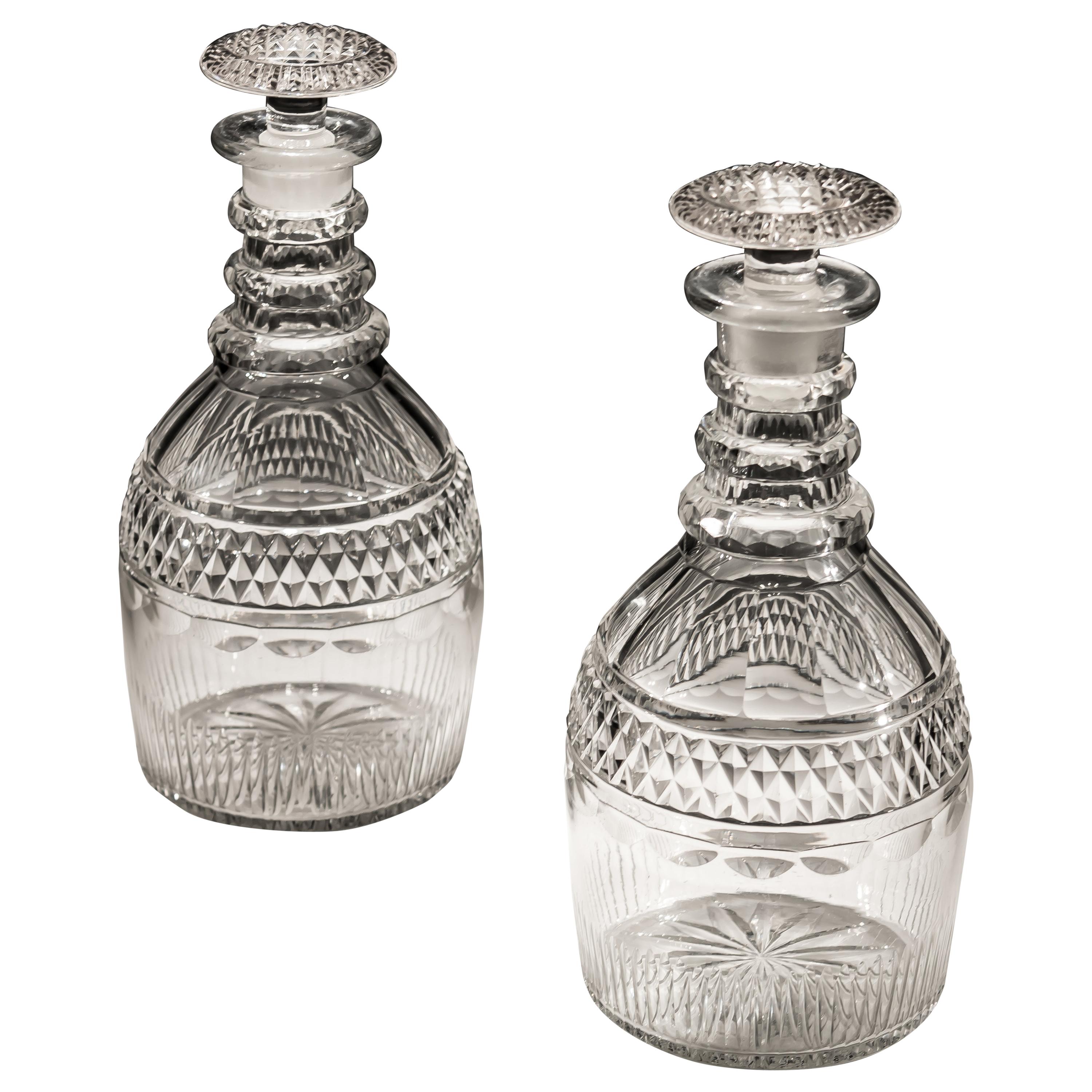 Pair of Slice and Flute Cut Georgian Decanters with Diamond Band For Sale