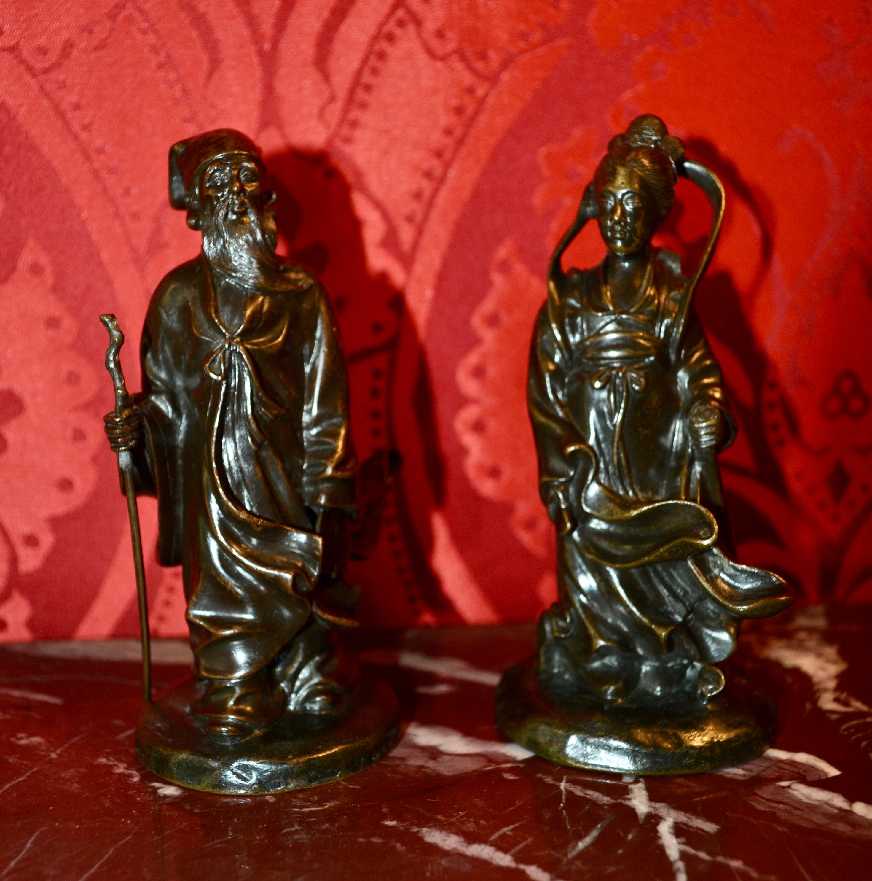 Cast A Pair of Small 19 Century Chinese Patinated Bronze Statues of Gods or Deities   For Sale