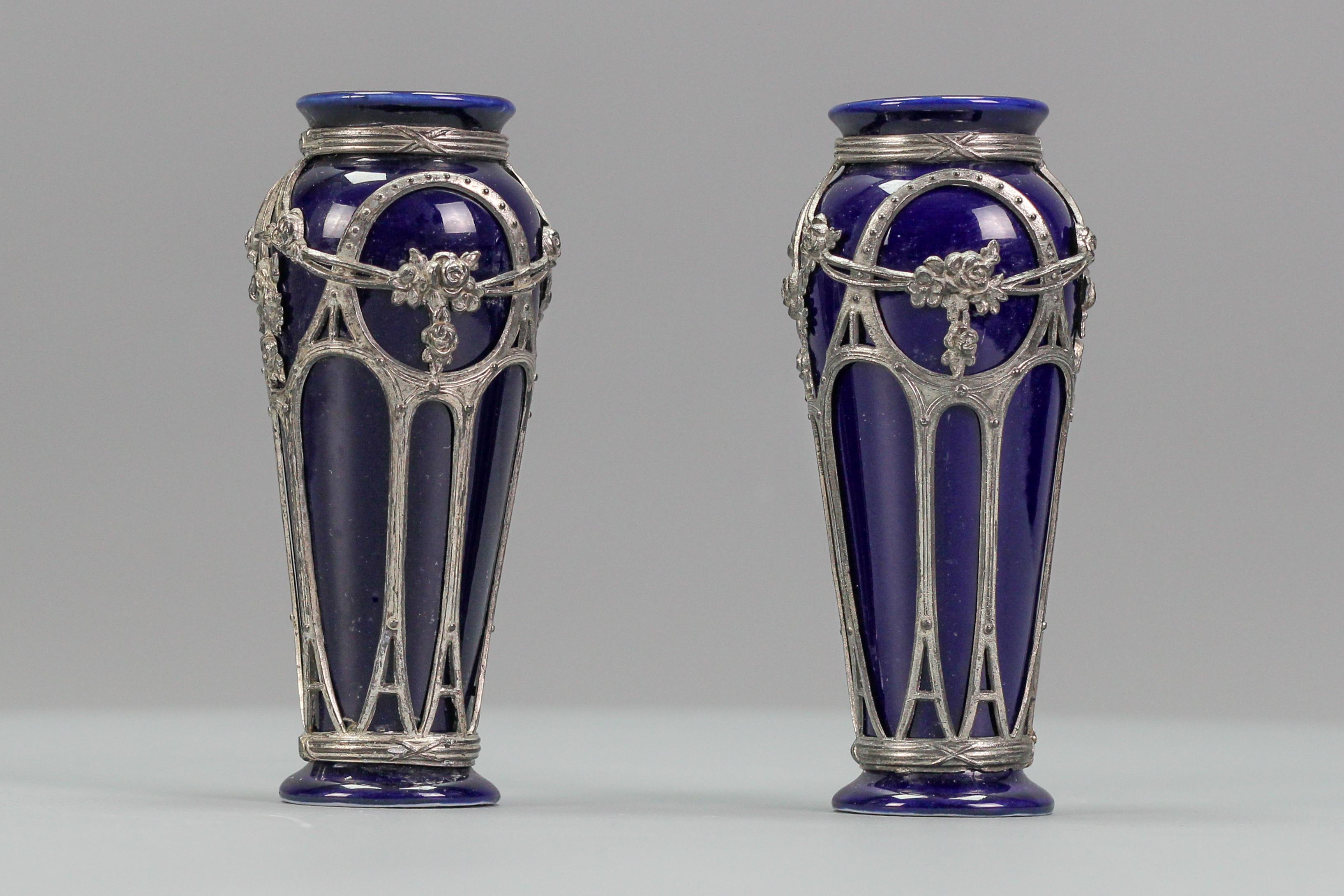 Pair of Small Art Nouveau Blue Glazed Ceramic Vases For Sale 11