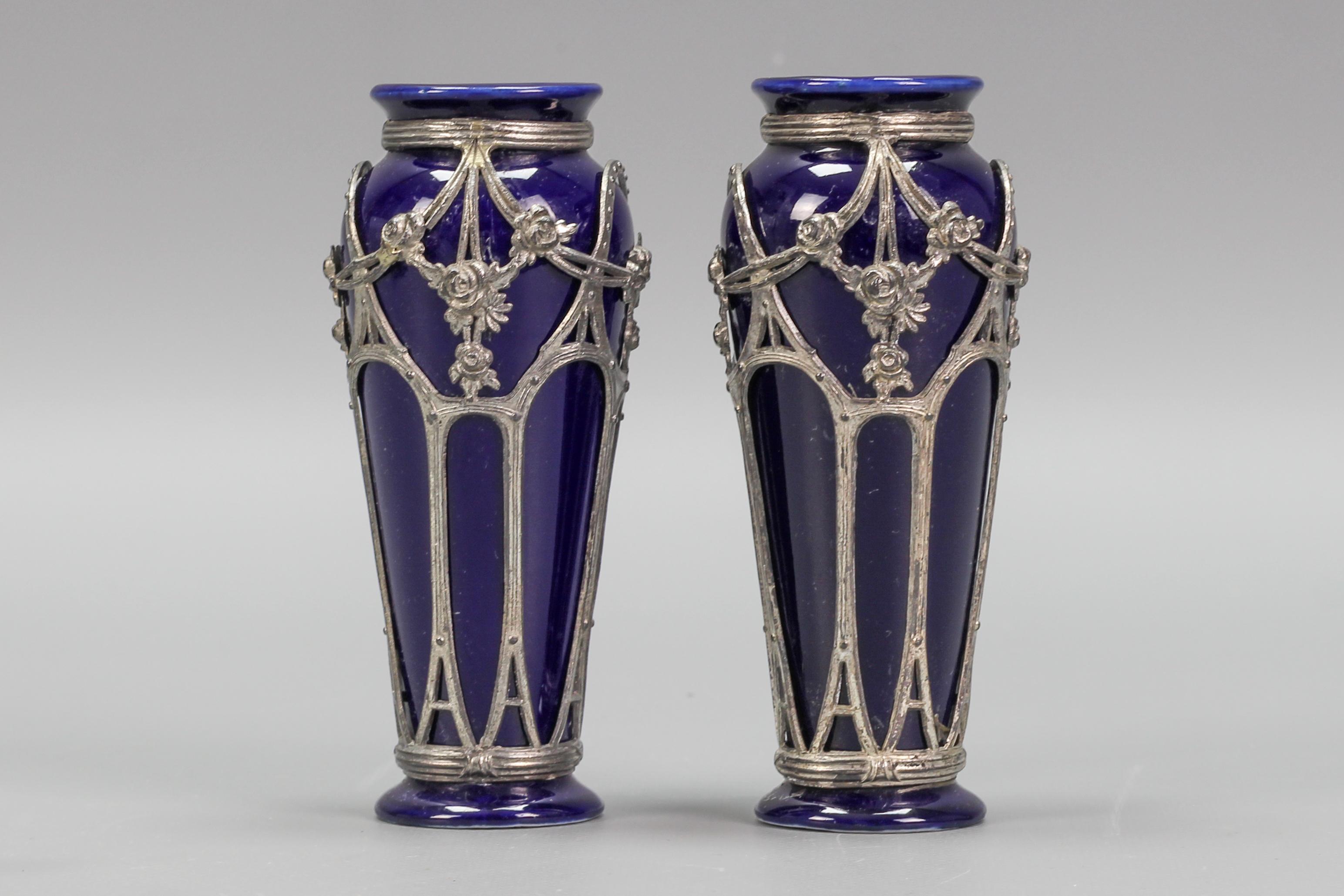 German Pair of Small Art Nouveau Blue Glazed Ceramic Vases For Sale
