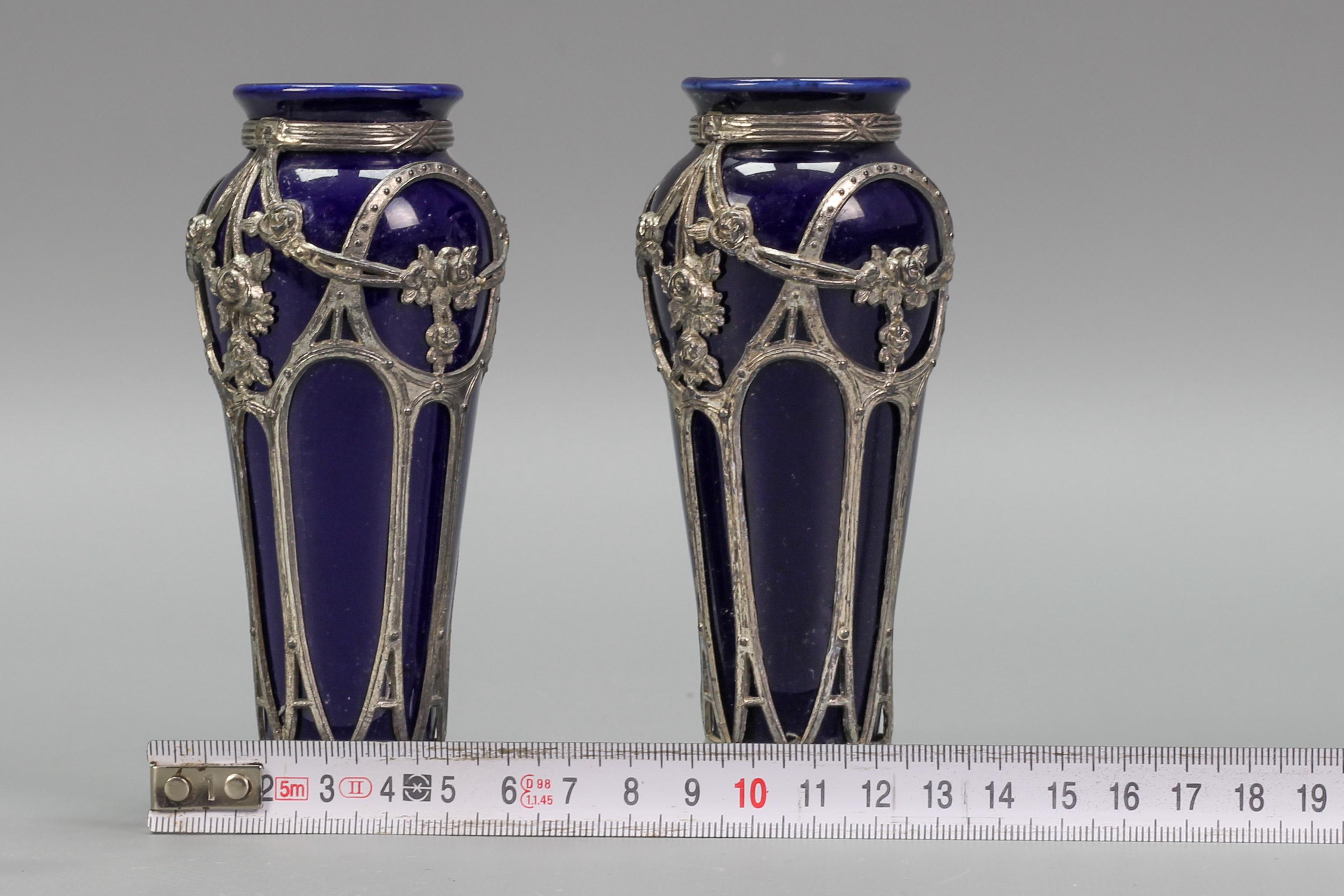 Pair of Small Art Nouveau Blue Glazed Ceramic Vases For Sale 2