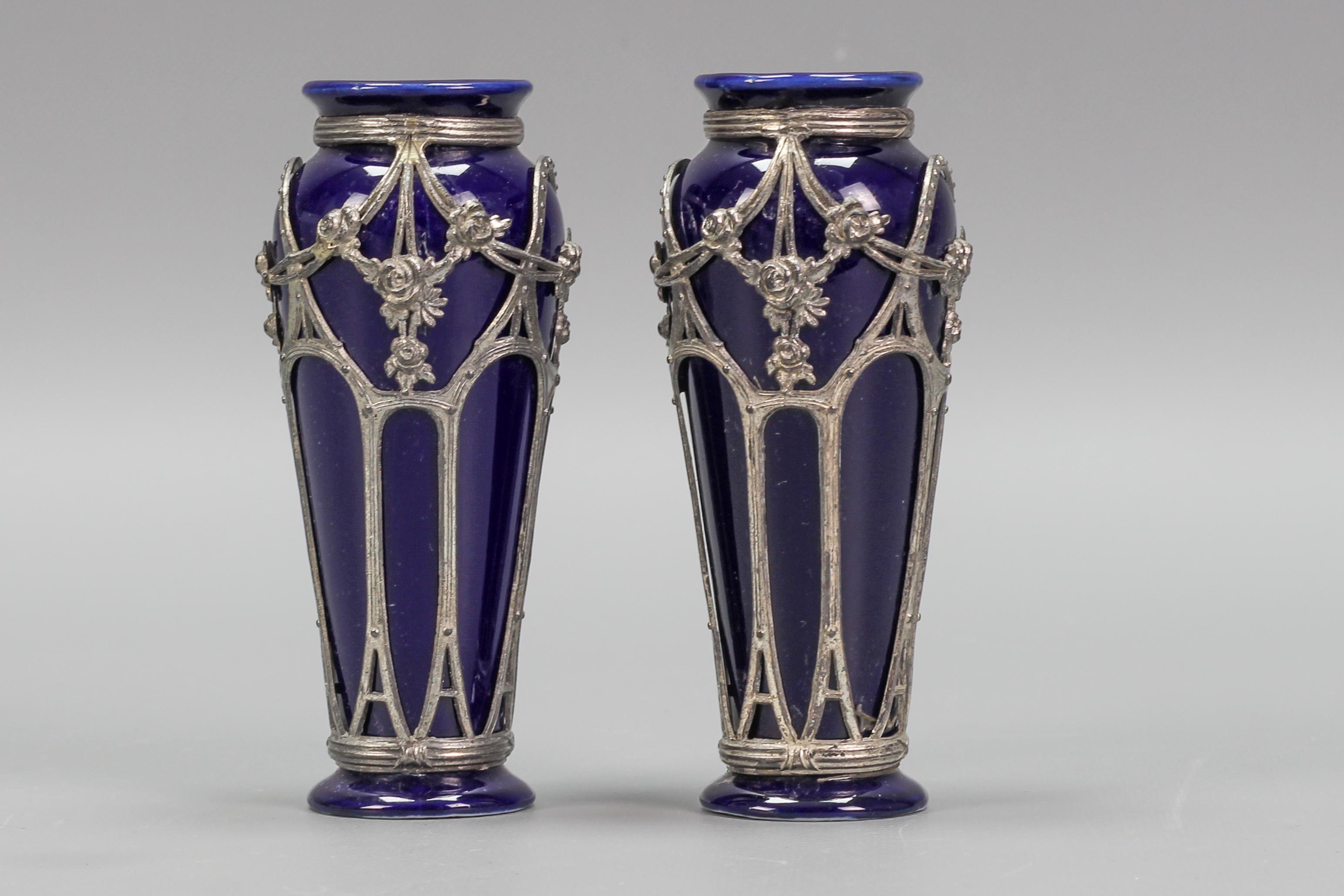 Pair of Small Art Nouveau Blue Glazed Ceramic Vases For Sale 4