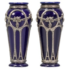 Pair of Small Art Nouveau Blue Glazed Ceramic Vases