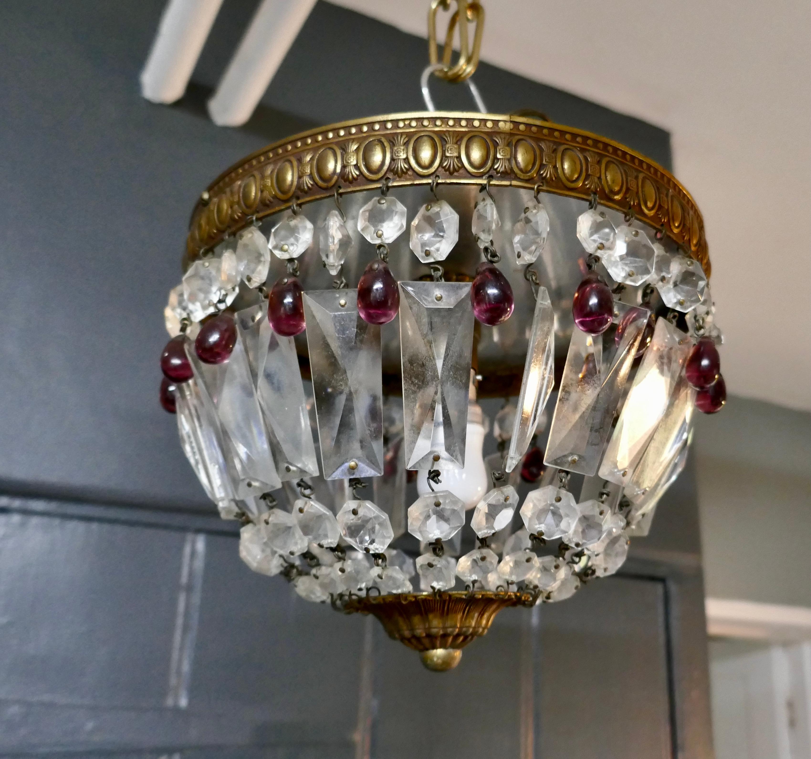 Art Nouveau Pair of Small French Empire Style Crystal Basket Chandeliers