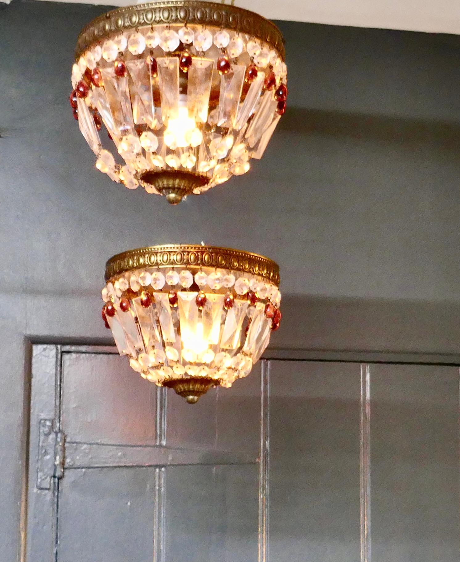 20th Century Pair of Small French Empire Style Crystal Basket Chandeliers