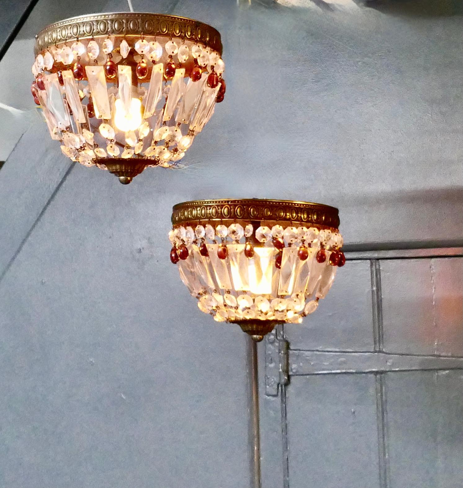 Pair of Small French Empire Style Crystal Basket Chandeliers 1