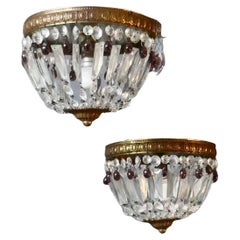 Antique Pair of Small French Empire Style Crystal Basket Chandeliers