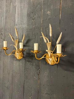 Pair of Small Gilded and Lacquered Metal Sconces 'Style Baguès', circa 1950