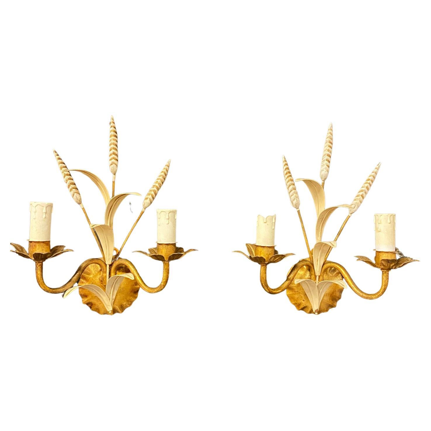 Pair of Small Gilded and Lacquered Metal Sconces 'Style Baguès', circa 1950