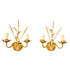 Pair of Small Gilded and Lacquered Metal Sconces 'Style Baguès', circa 1950