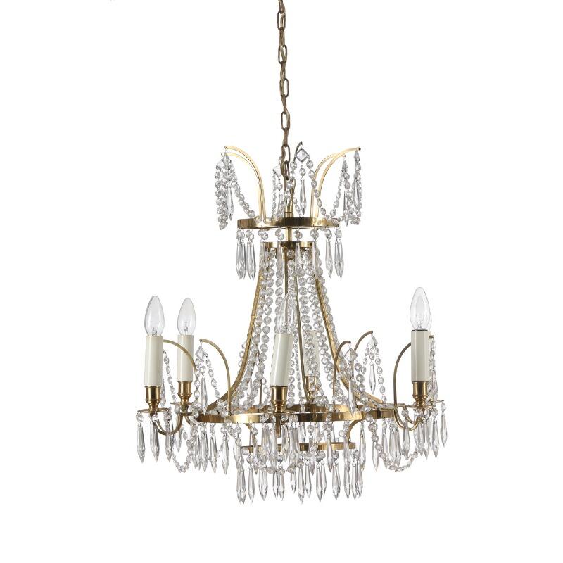 A pair of small Swedish six-light chandeliers with brass frames. Electrical. Empire style, late 20th century.