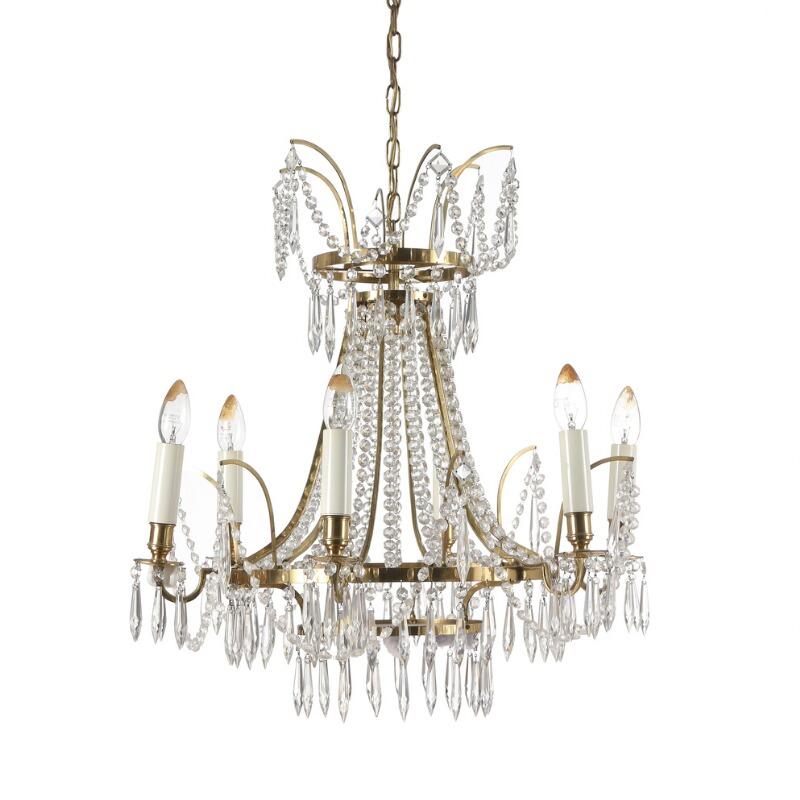 Pair of Small Swedish Six-Light Chandeliers with Brass Frames, Empire Style For Sale 1