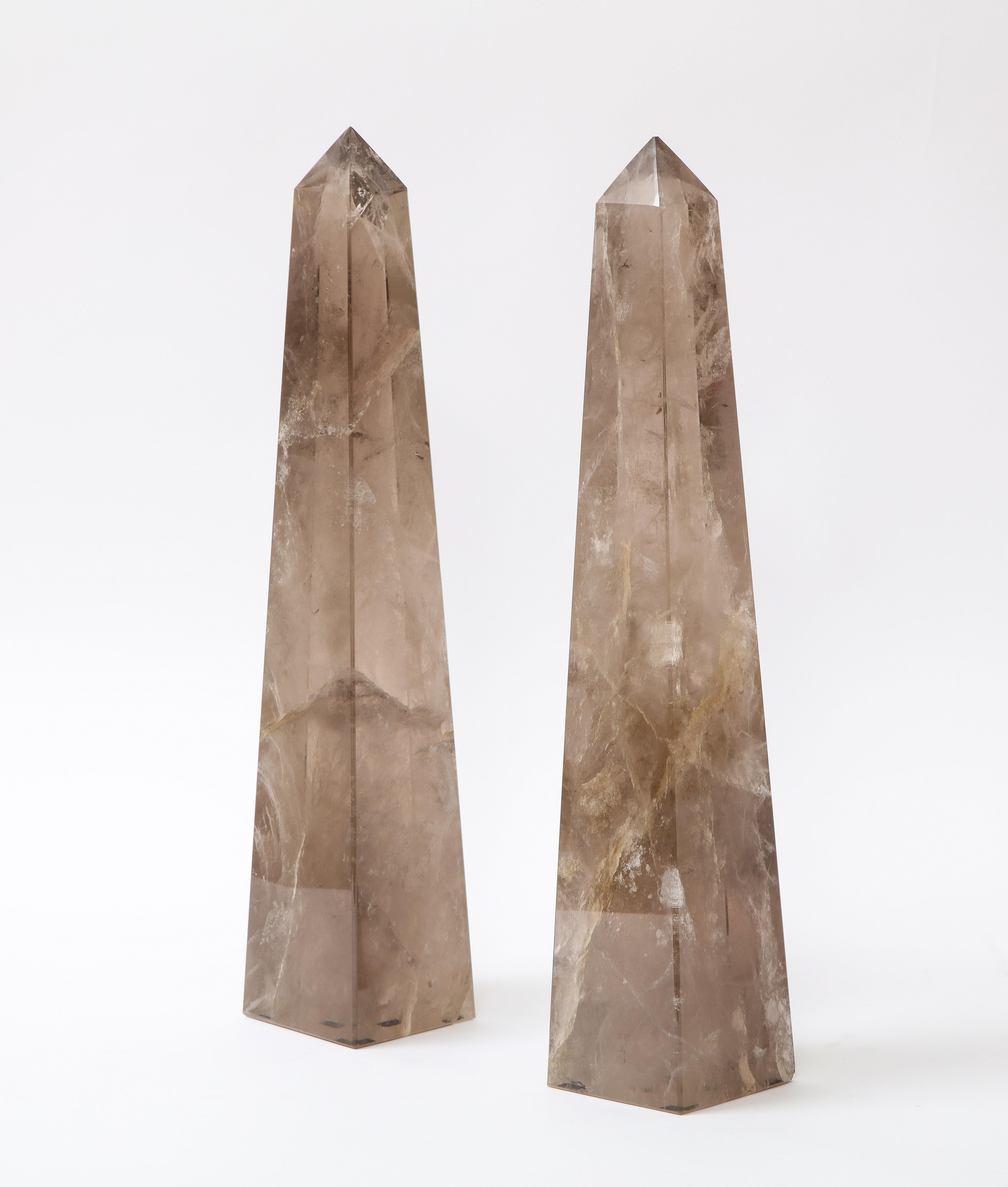Mid-Century Modern Pair of Smokey Rock Crystal Quartz Hand Carved and Hand-Polished Obelisks