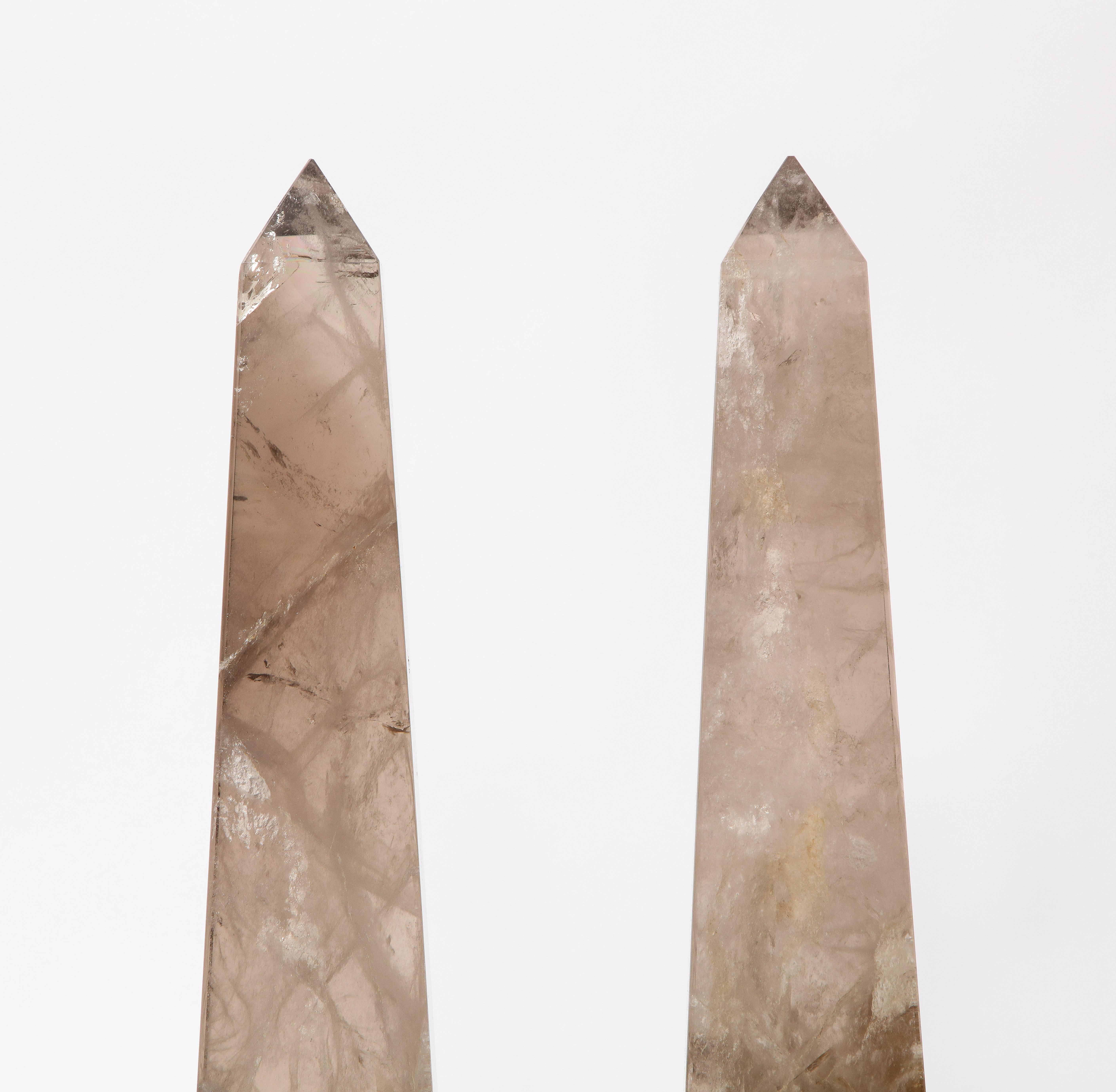 French Pair of Smokey Rock Crystal Quartz Hand Carved and Hand-Polished Obelisks