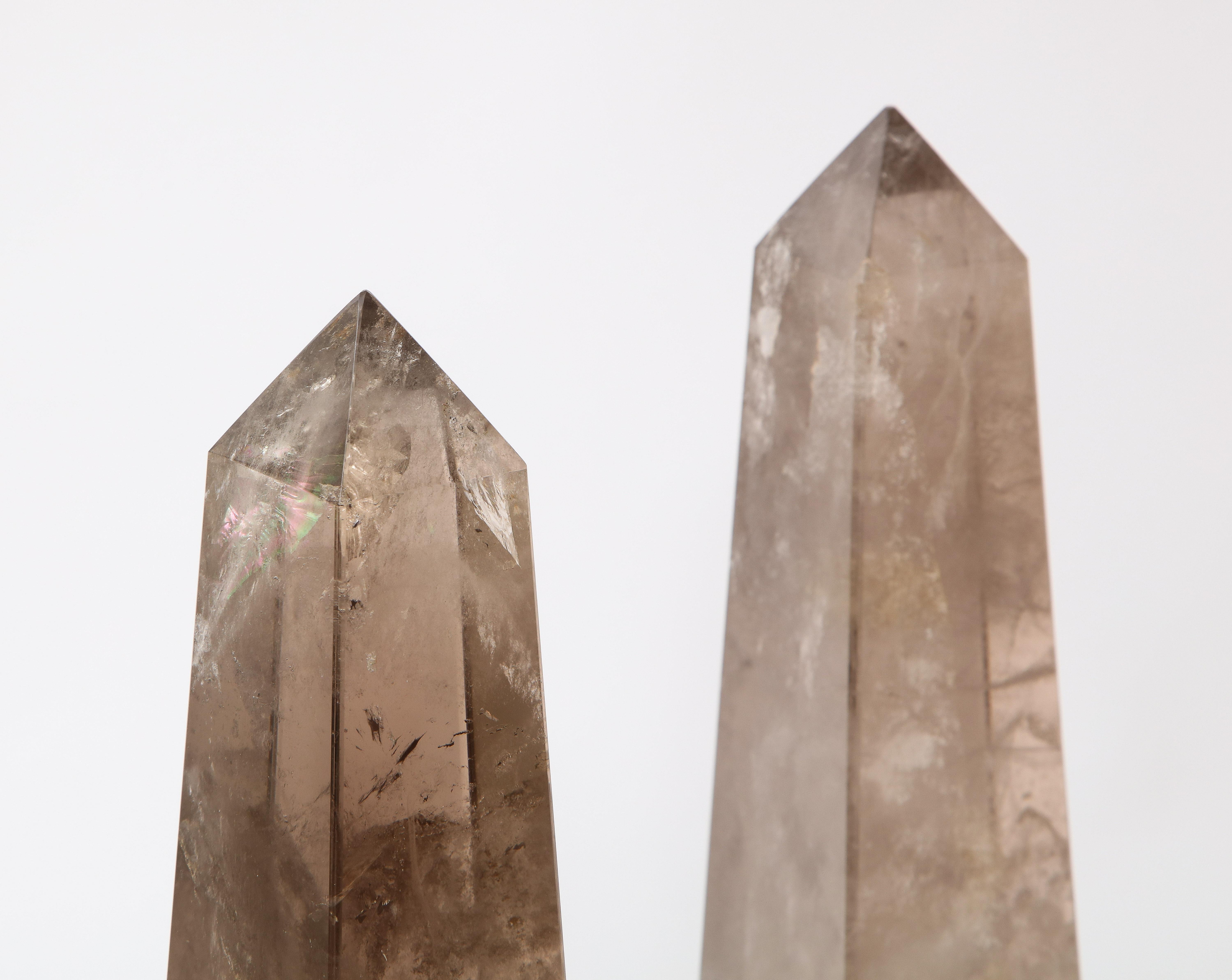 Hand-Carved Pair of Smokey Rock Crystal Quartz Hand Carved and Hand-Polished Obelisks