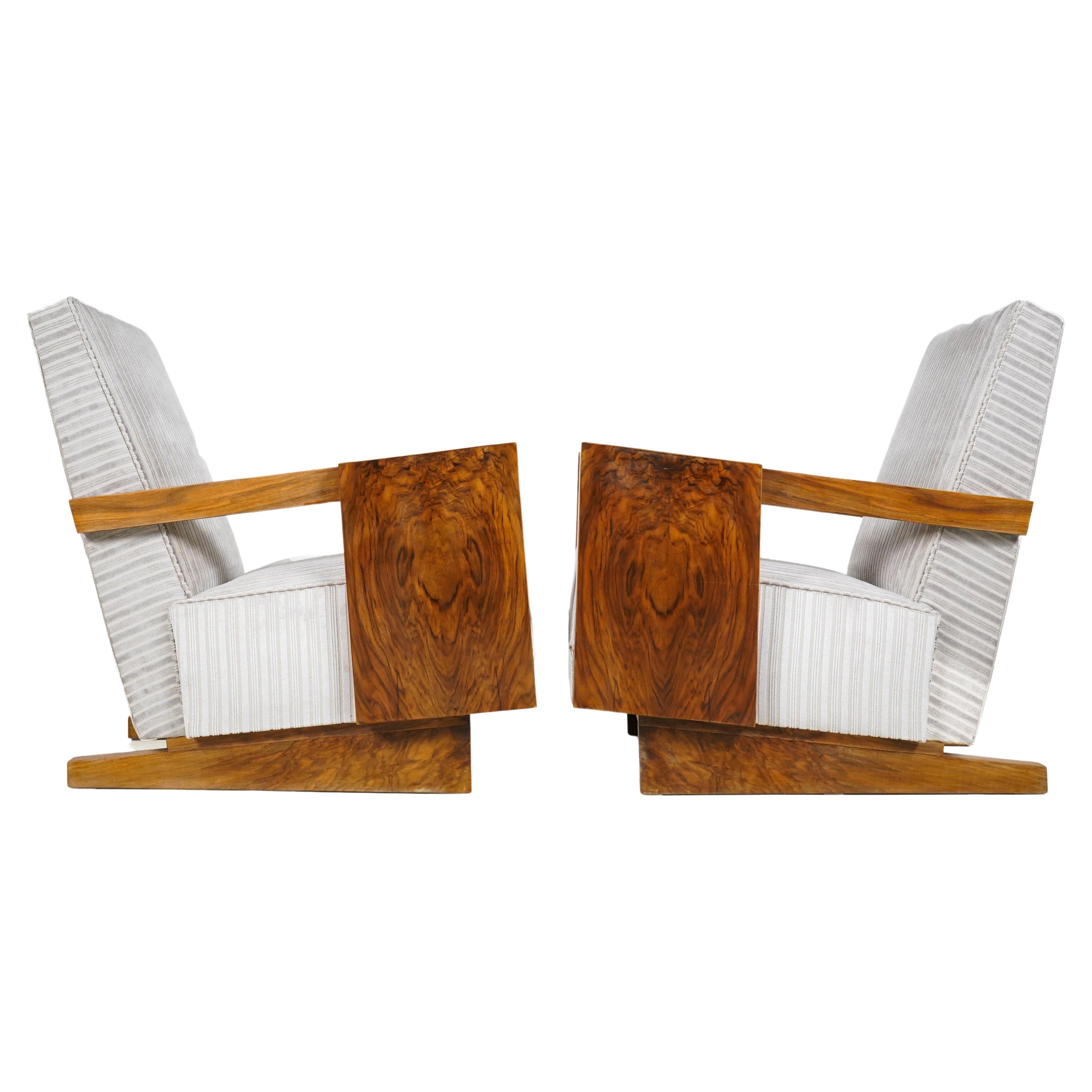 Pair of Socialist Modern Arm Chairs in Walnut Veneer