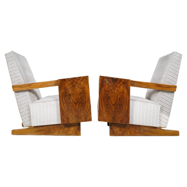Pair of Socialist Modern Arm Chairs in Walnut Veneer at 1stDibs