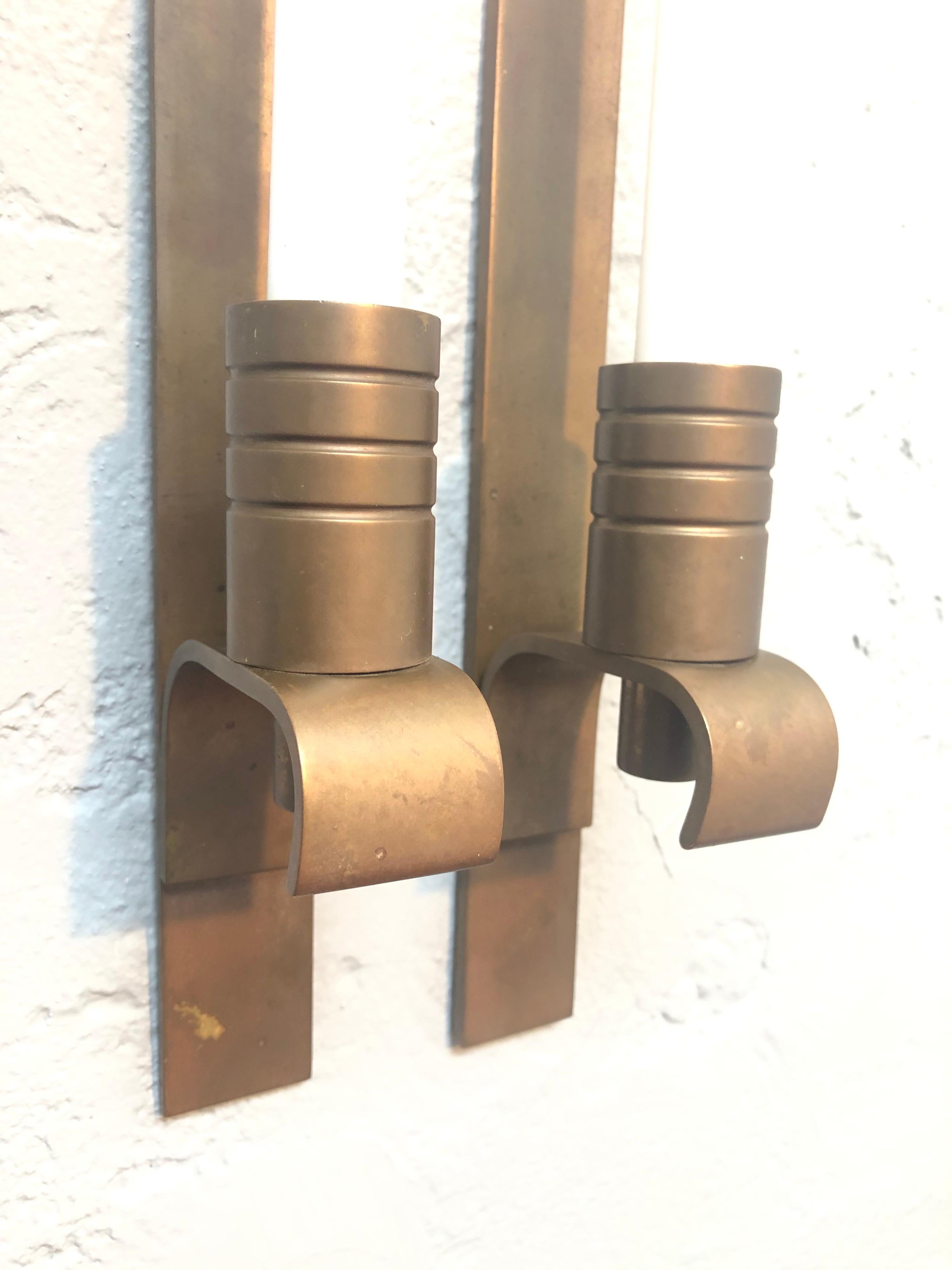 Hand-Crafted Pair of Solid Brass Danish Mid Century Wall Mounted Candle Holders
