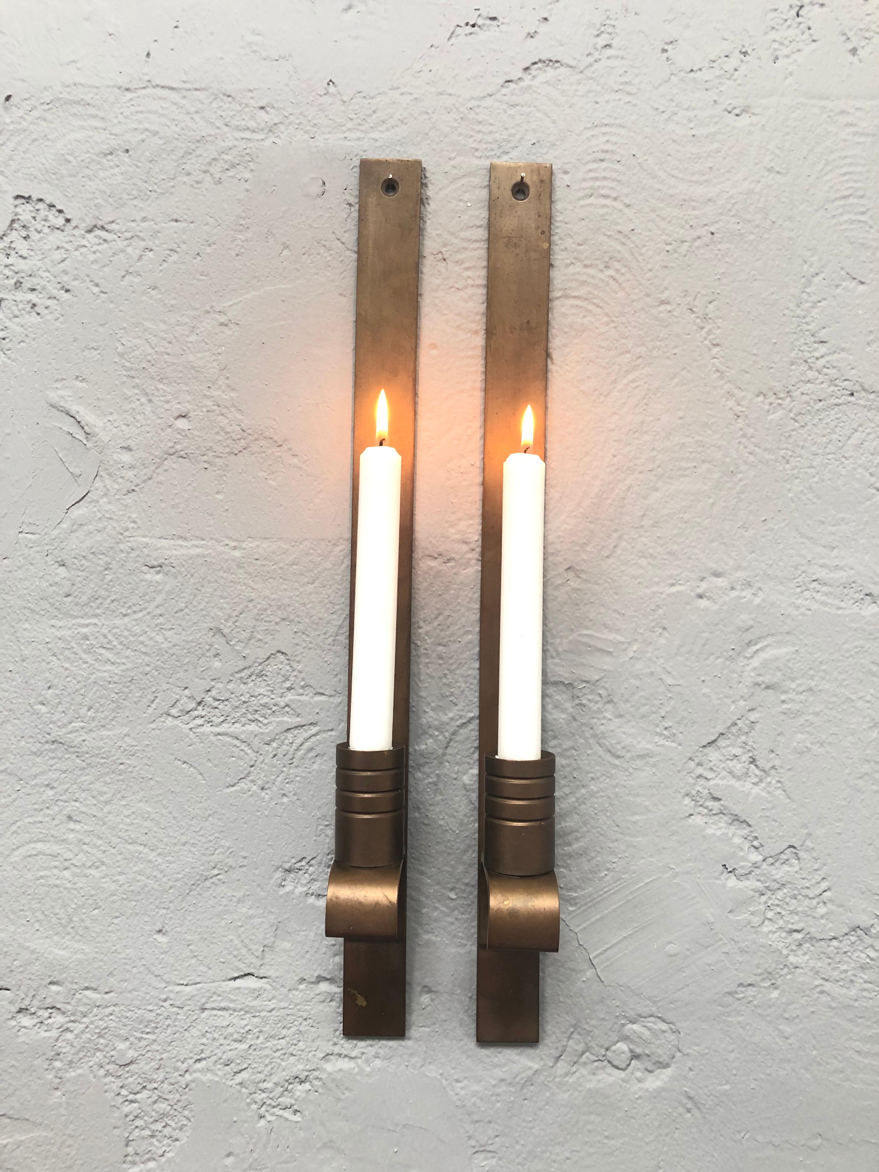Pair of Solid Brass Danish Mid Century Wall Mounted Candle Holders 2