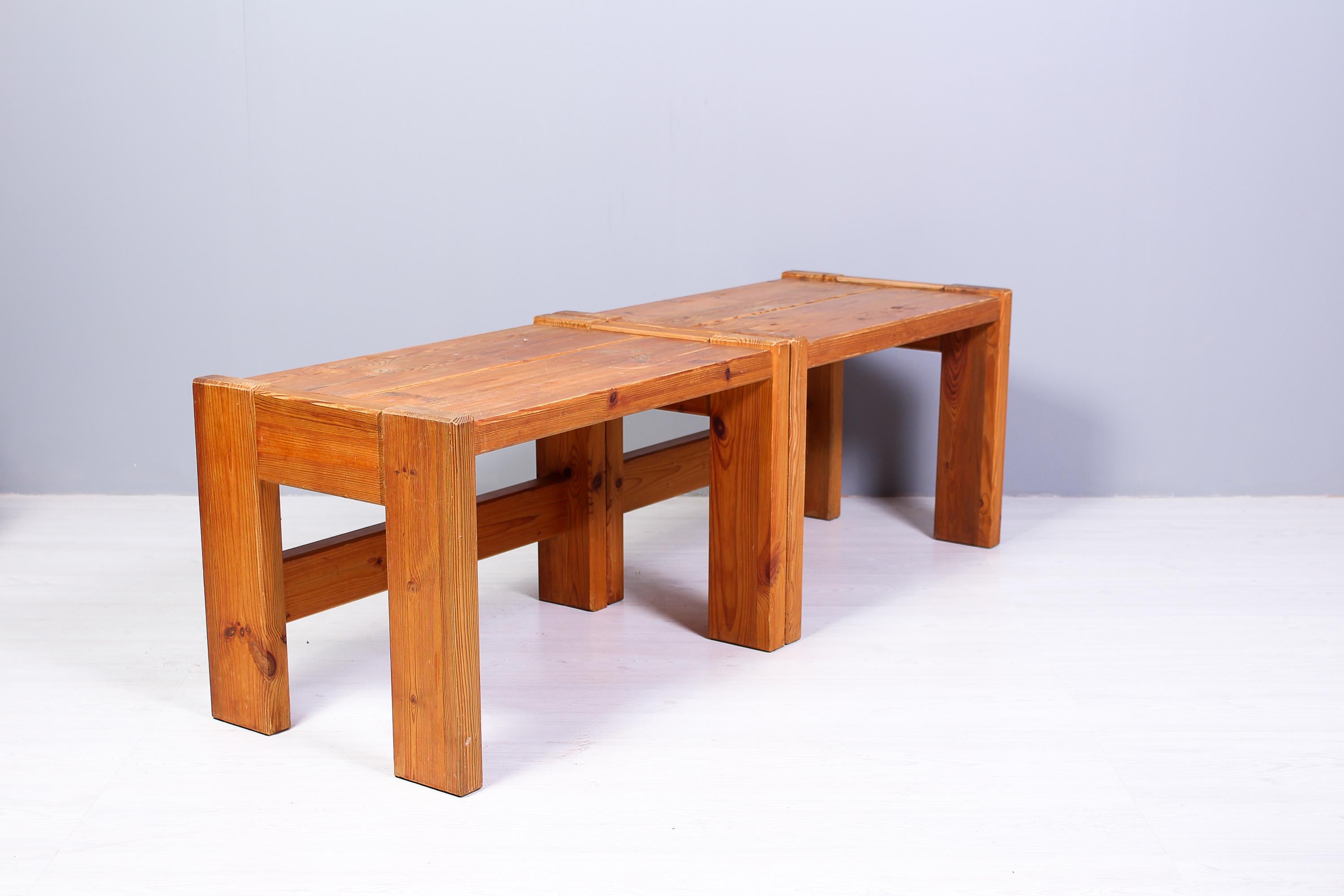 Scandinavian Modern Pair of Solid Pine Side Tables / Benches, Sweden, 1970s