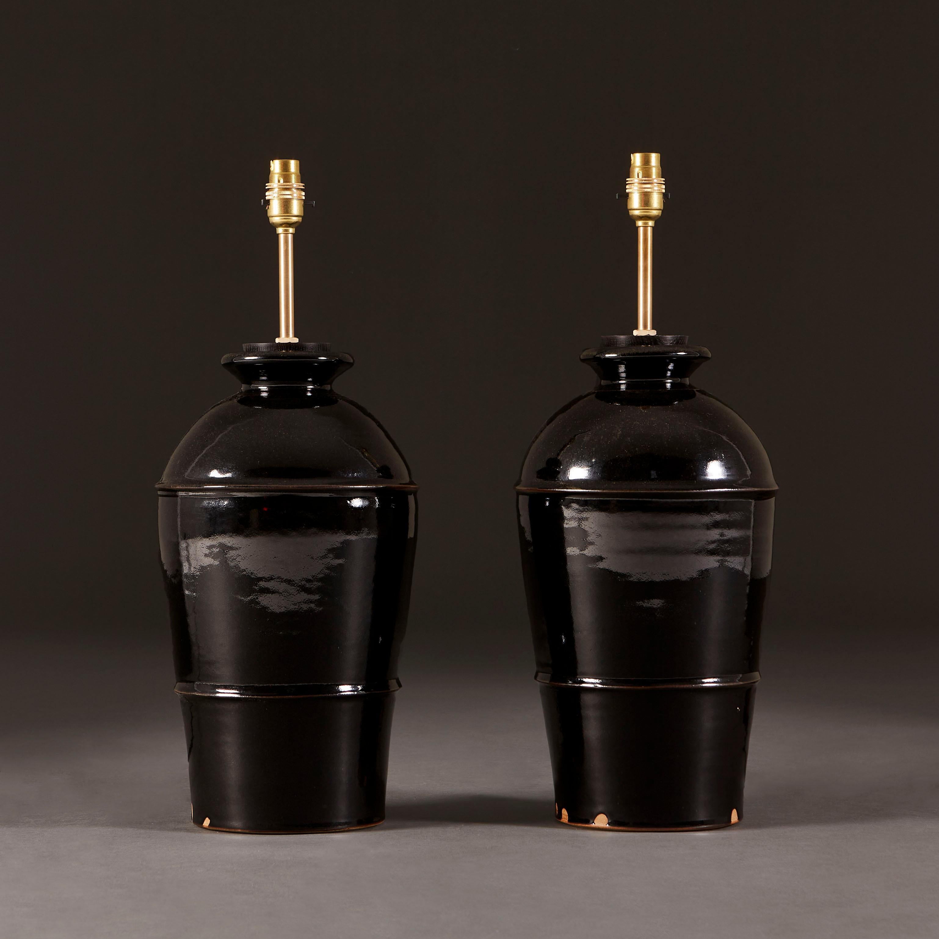 A Pair of Song Dynasty Style Lamps with Tenmoku Glaze In New Condition For Sale In London, GB