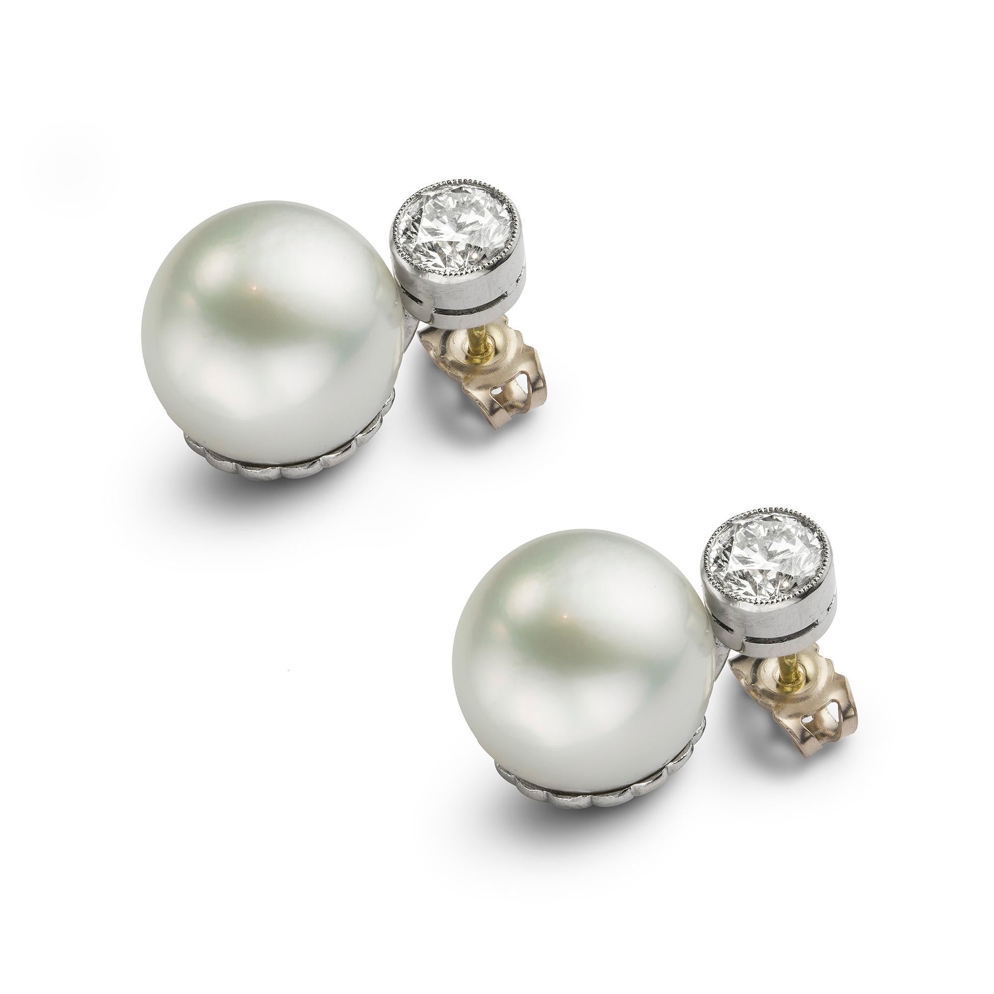 Modern A Pair Of South Sea Cultured Pearl And Diamond Earrings For Sale