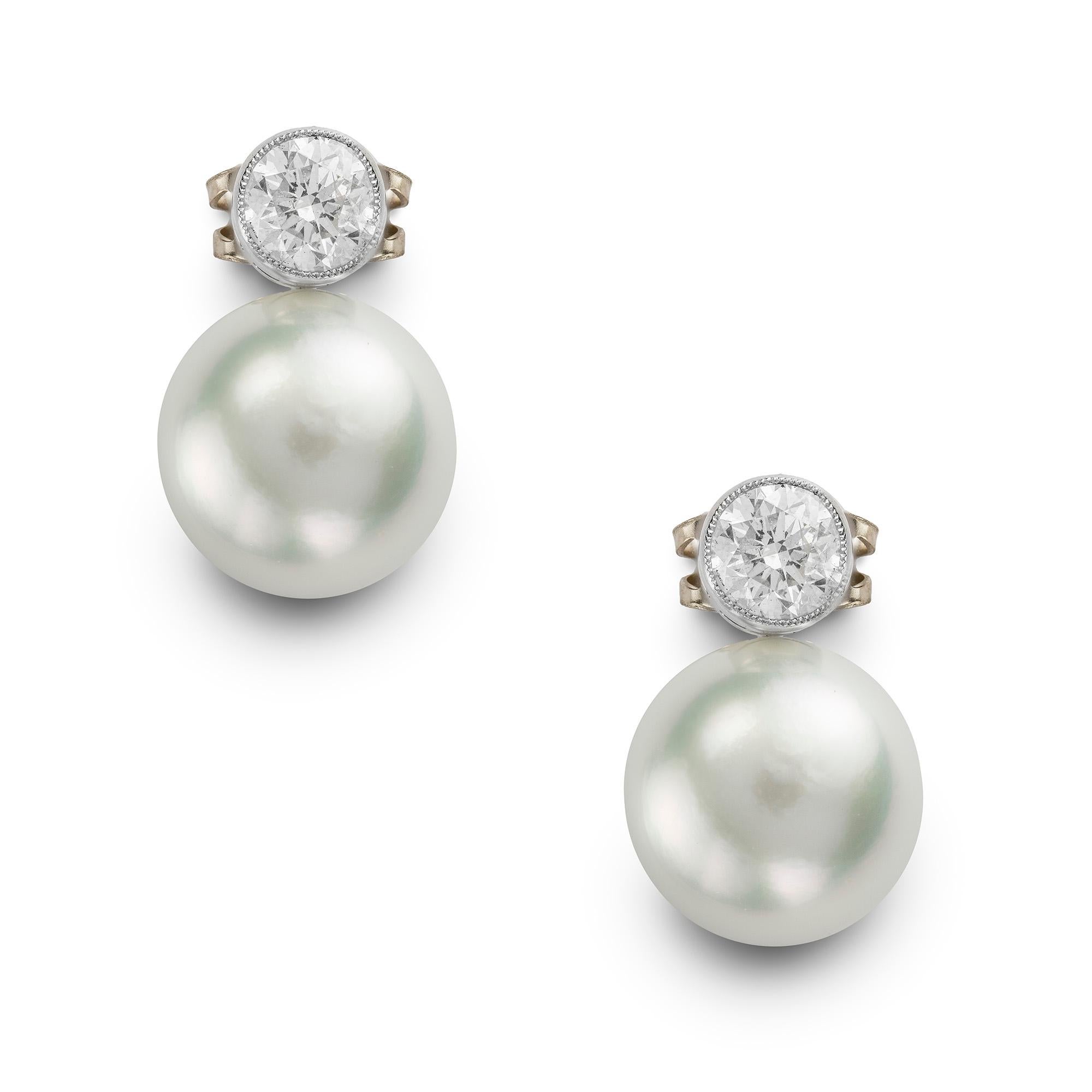 Pair of South Sea Cultured Pearl and Diamond Earrings In Good Condition For Sale In London, GB