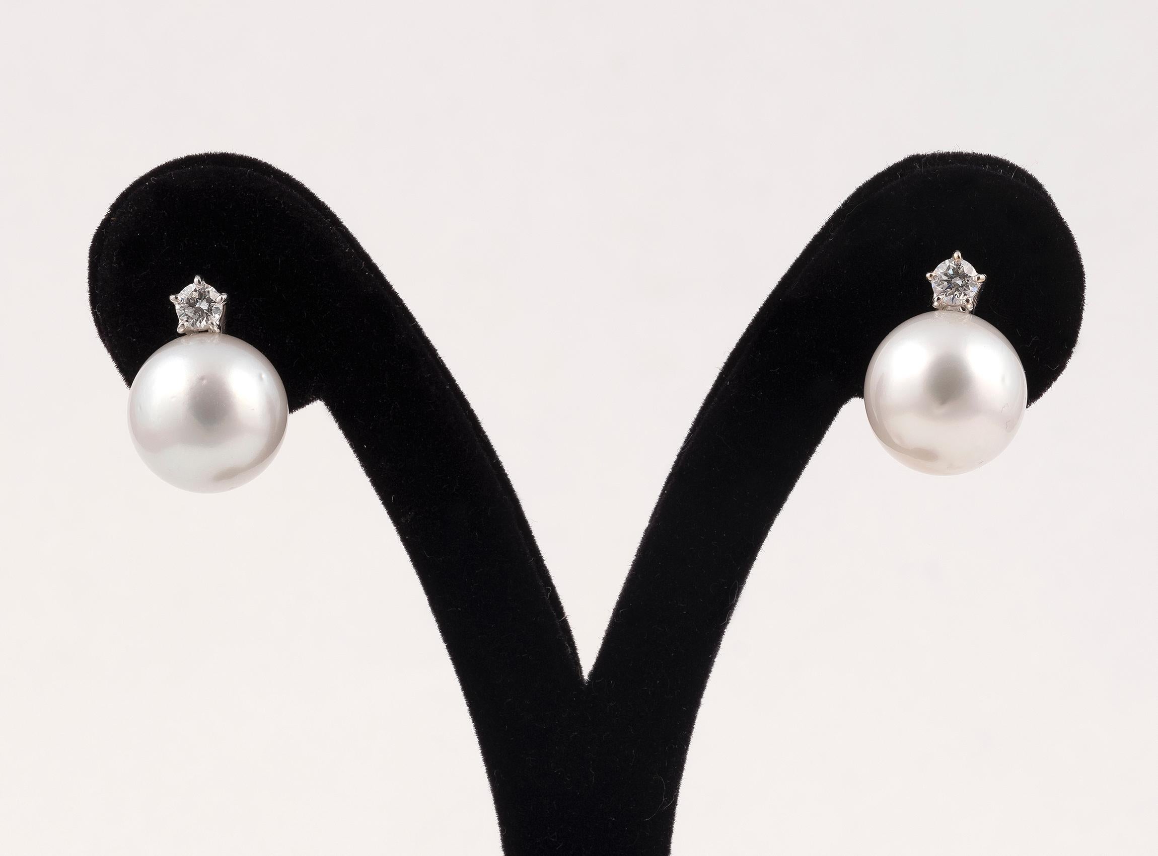 Contemporary Pair of South Sea Cultured Pearl Diamond and 18 Karat White Gold Earrings