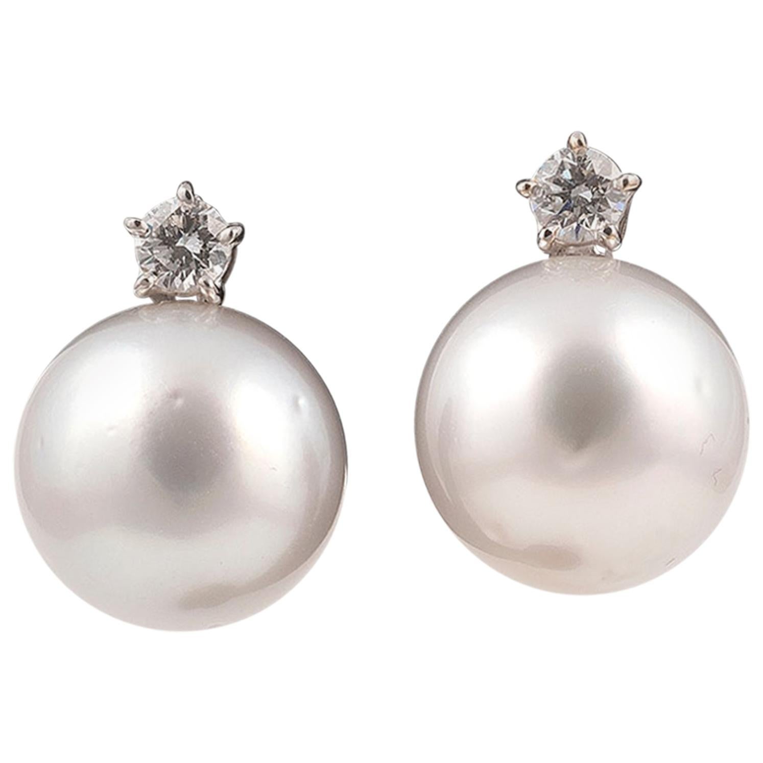 Pair of South Sea Cultured Pearl Diamond and 18 Karat White Gold Earrings
