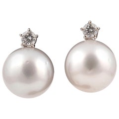 Pair of South Sea Cultured Pearl Diamond and 18 Karat White Gold Earrings
