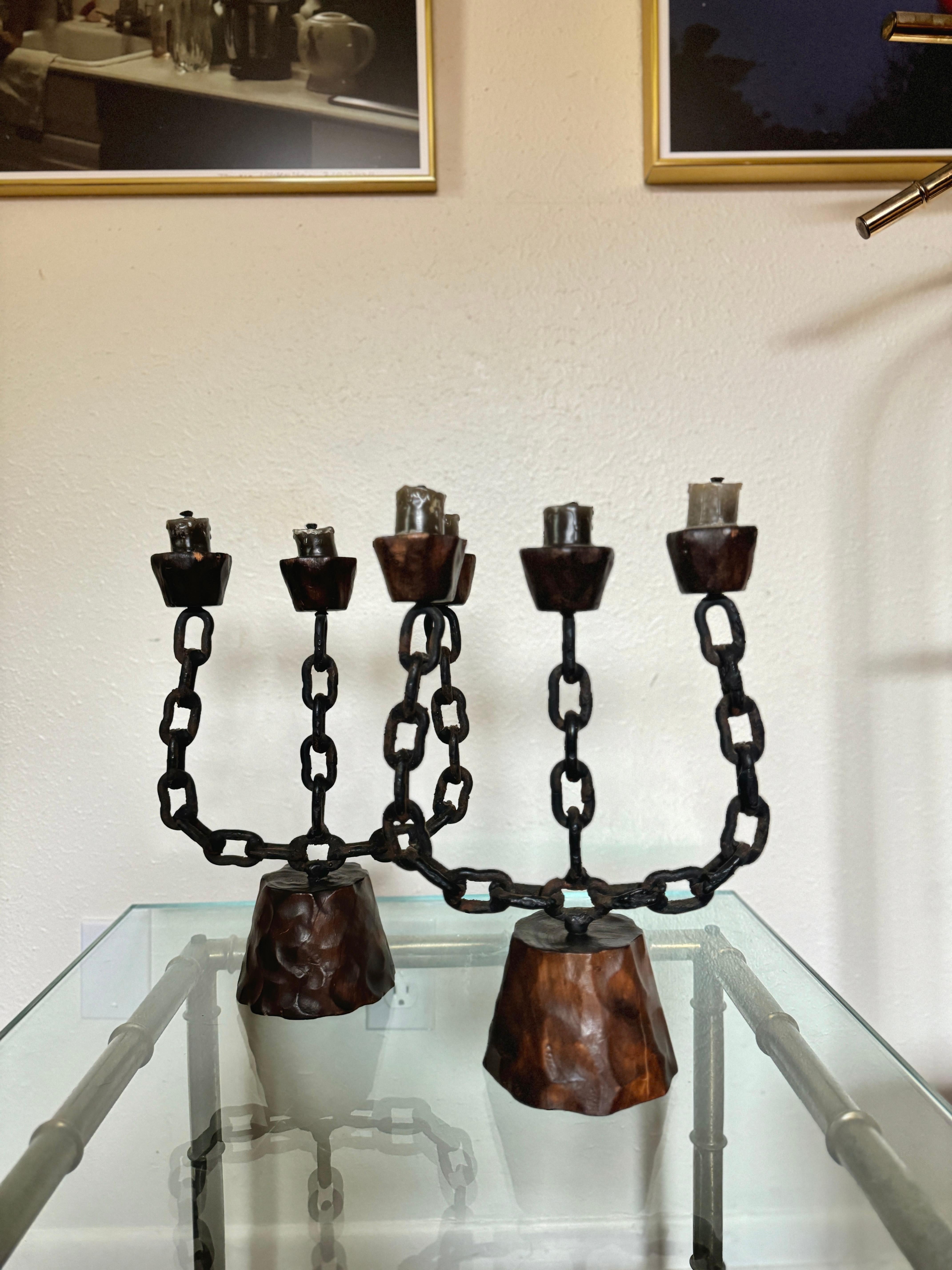 A pair of Spanish brutalist candelabras, circa 1950s.
In good condition. 
13” H x 9” W
