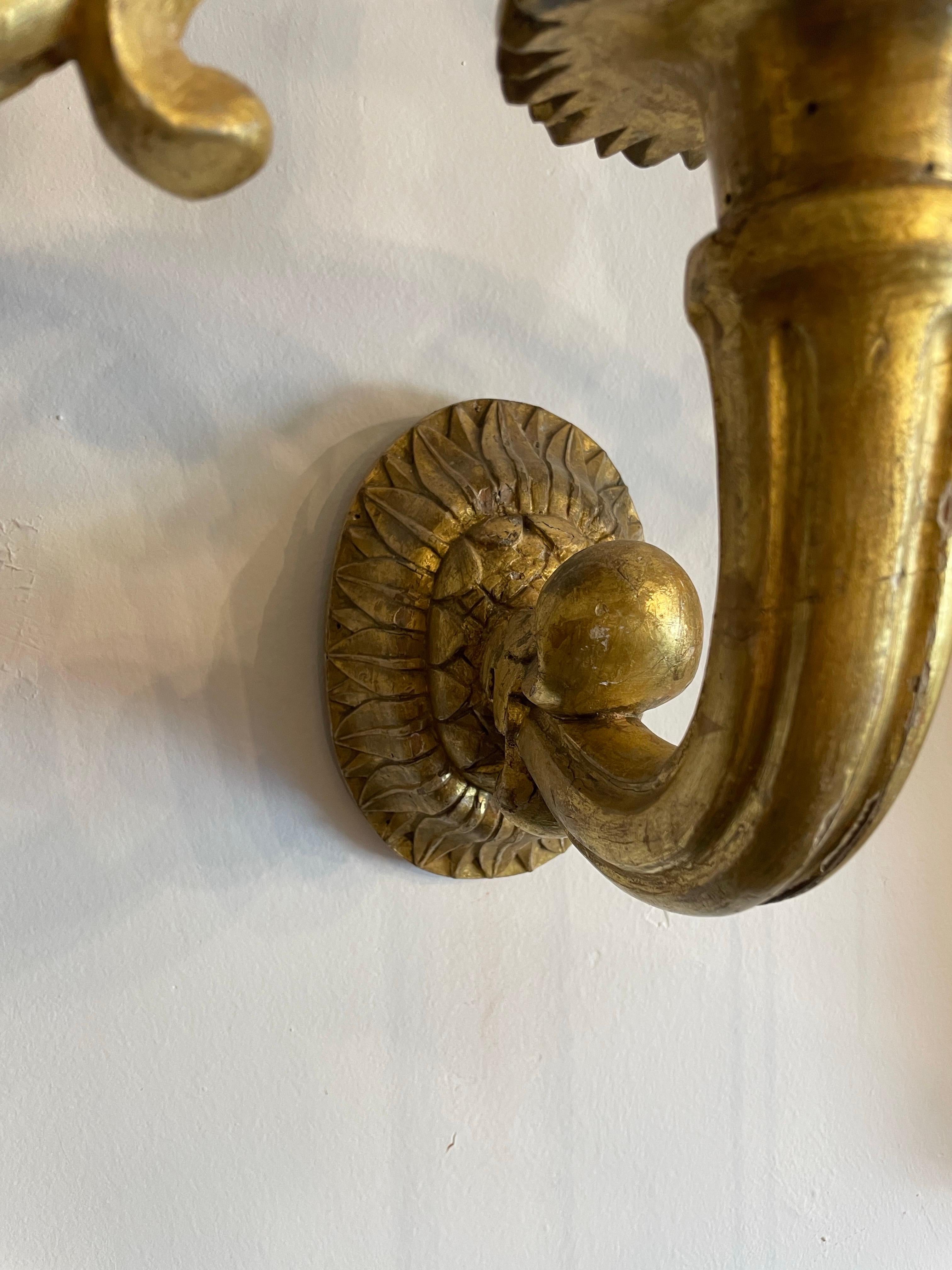 Paire d'appliques murales espagnoles Carlos II en bois doré sculpté, 17ème siècle en vente 1