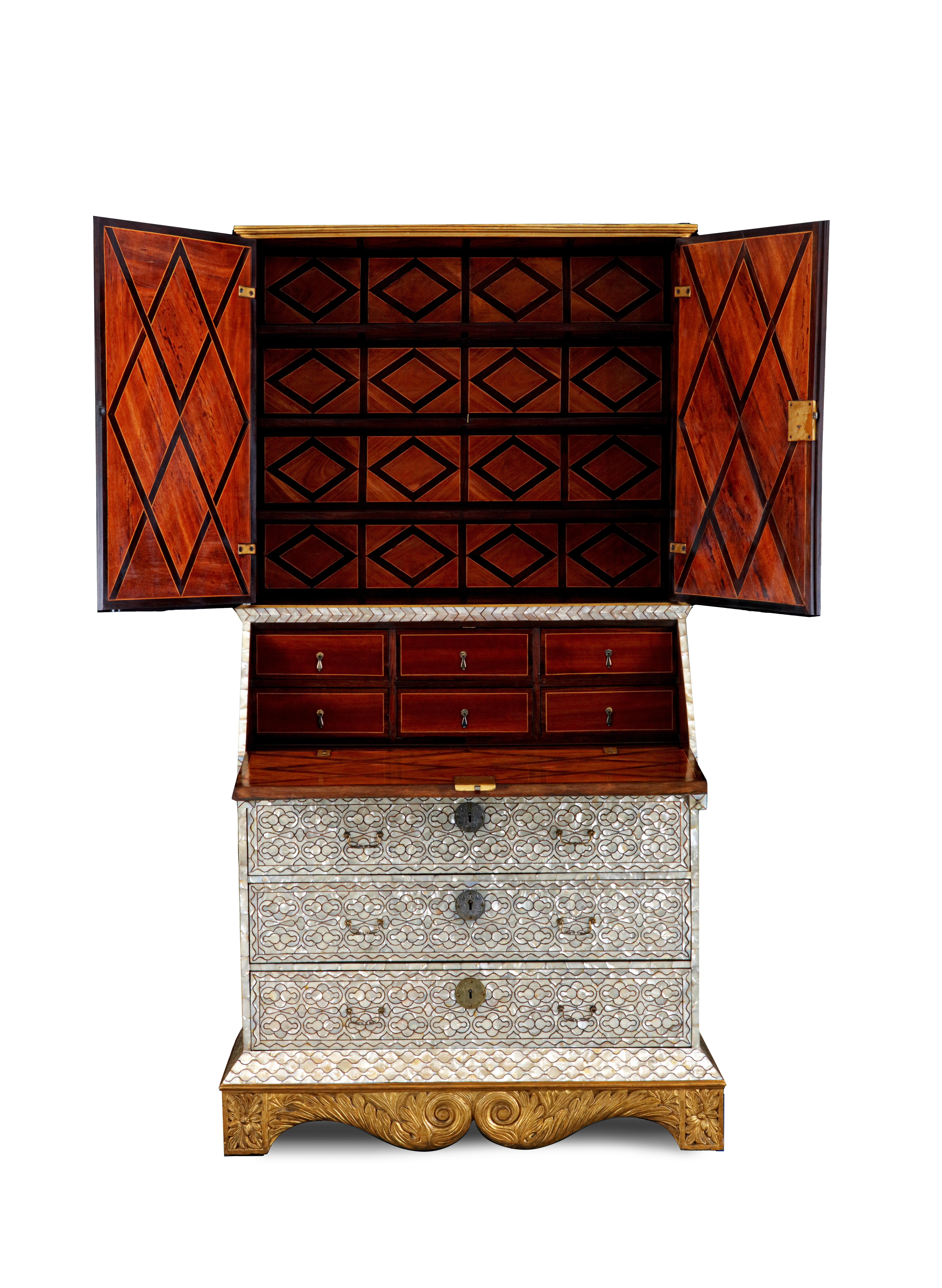 Spanish Colonial A pair of Spanish-colonial Viceregal mother-of-pearl inlaid bureau-cabinets For Sale