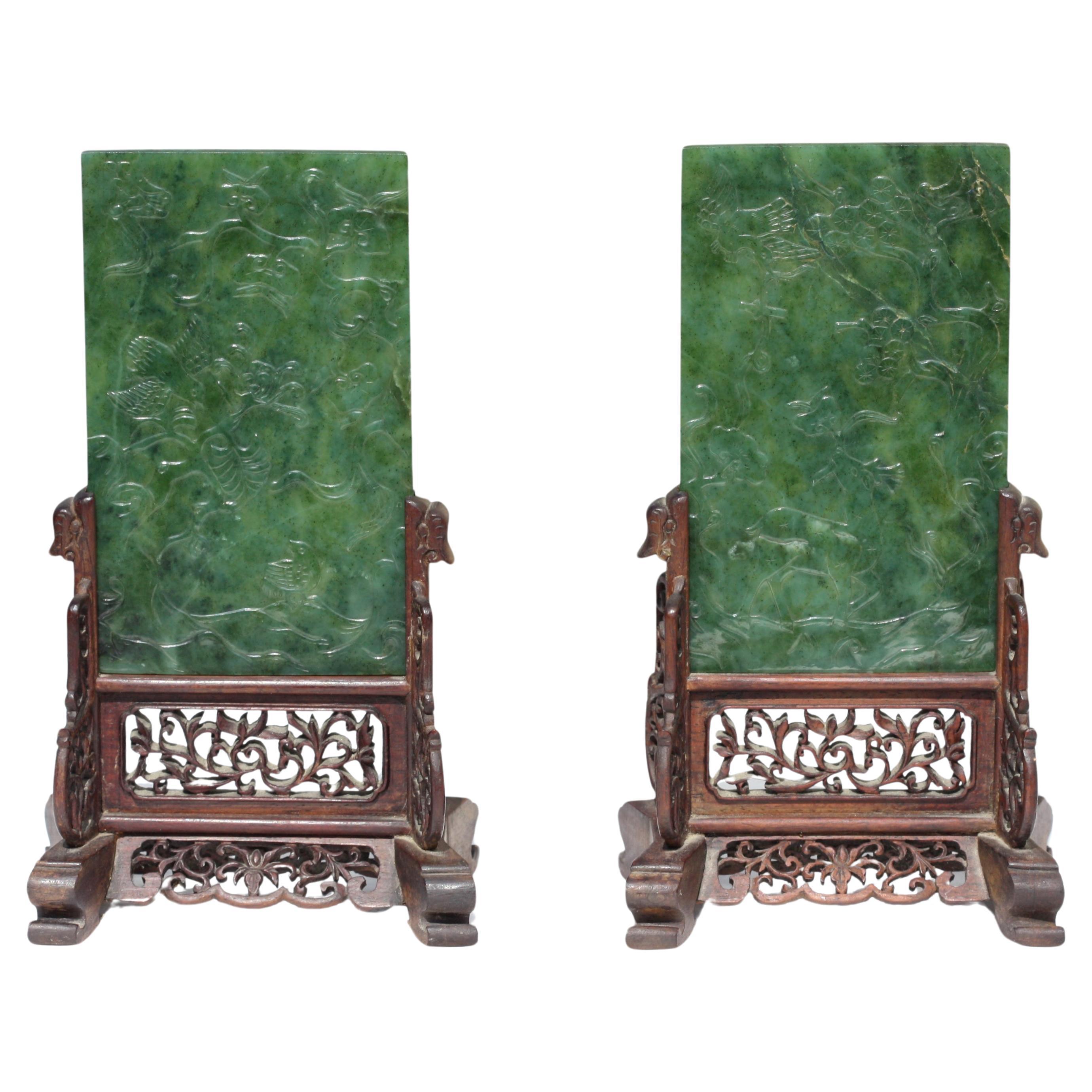  A Pair of Spinach-green Jade "Prunus and Deer" table screens For Sale