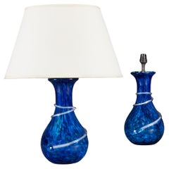 A Pair of Spiral Blue Murano Glass Lamps