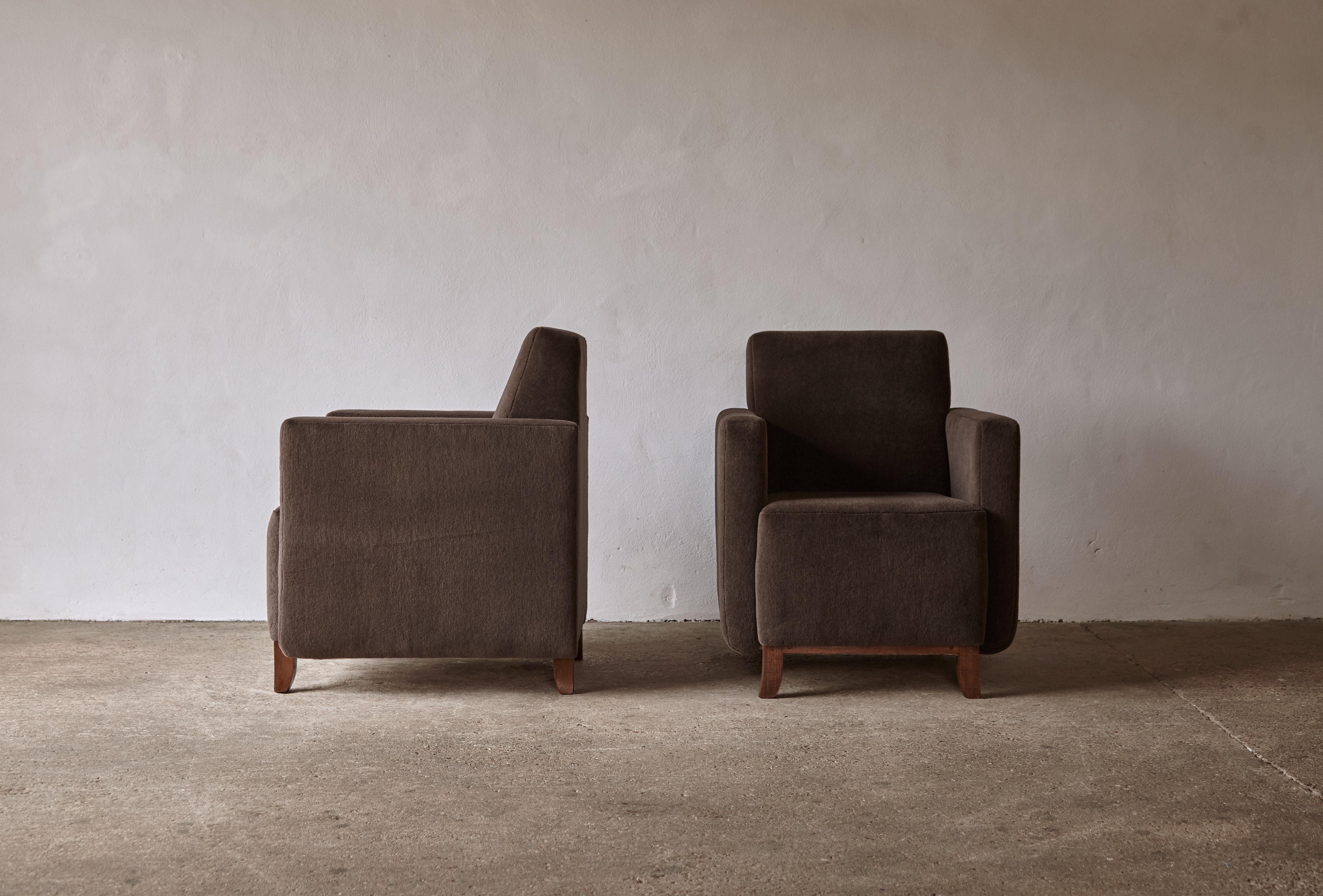 British Pair of Square Armed Club Chairs, Upholstered in Pure Alpaca