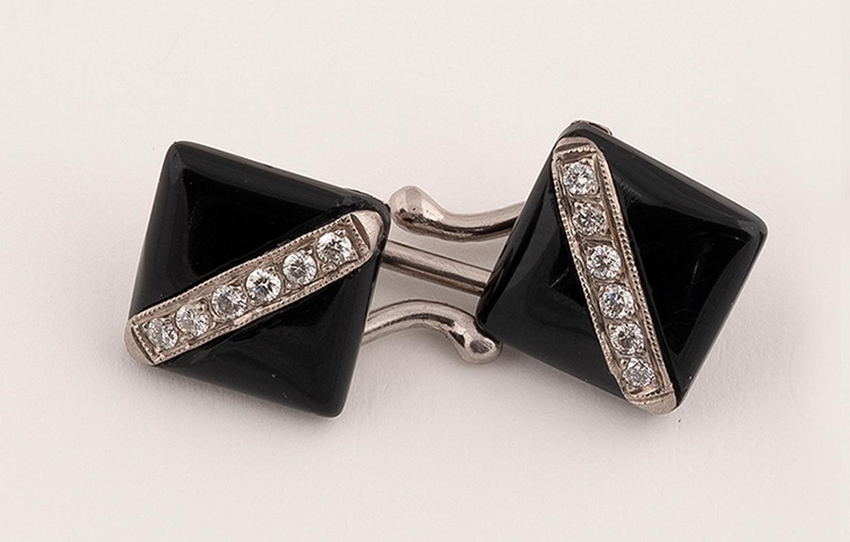 Art Deco Pair of Square Onyx and Diamond Cufflinks