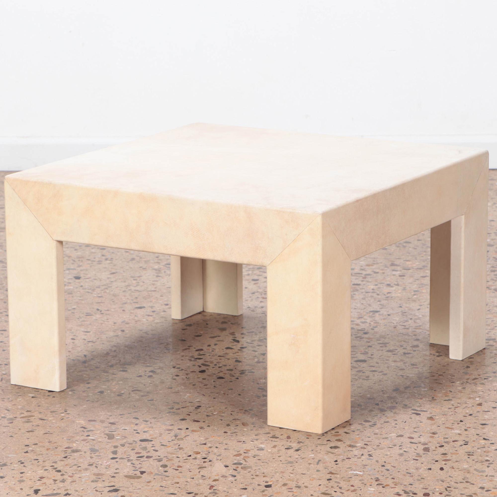 A Pair of square parchment covered end tables in the manner of Samuel Marx. Contemporary.