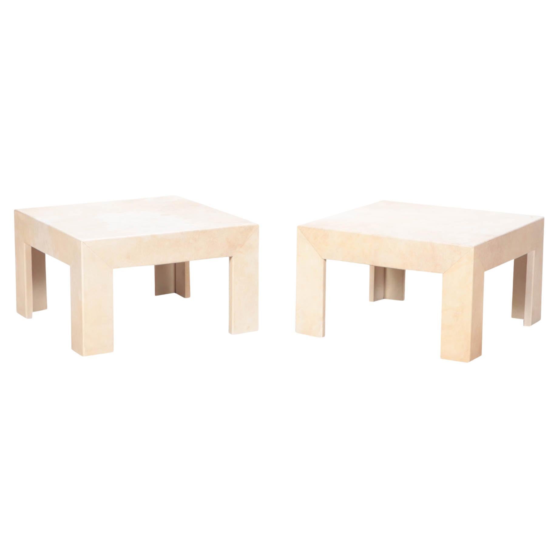 Pair of Square Parchment Covered End Tables, Contemporary For Sale