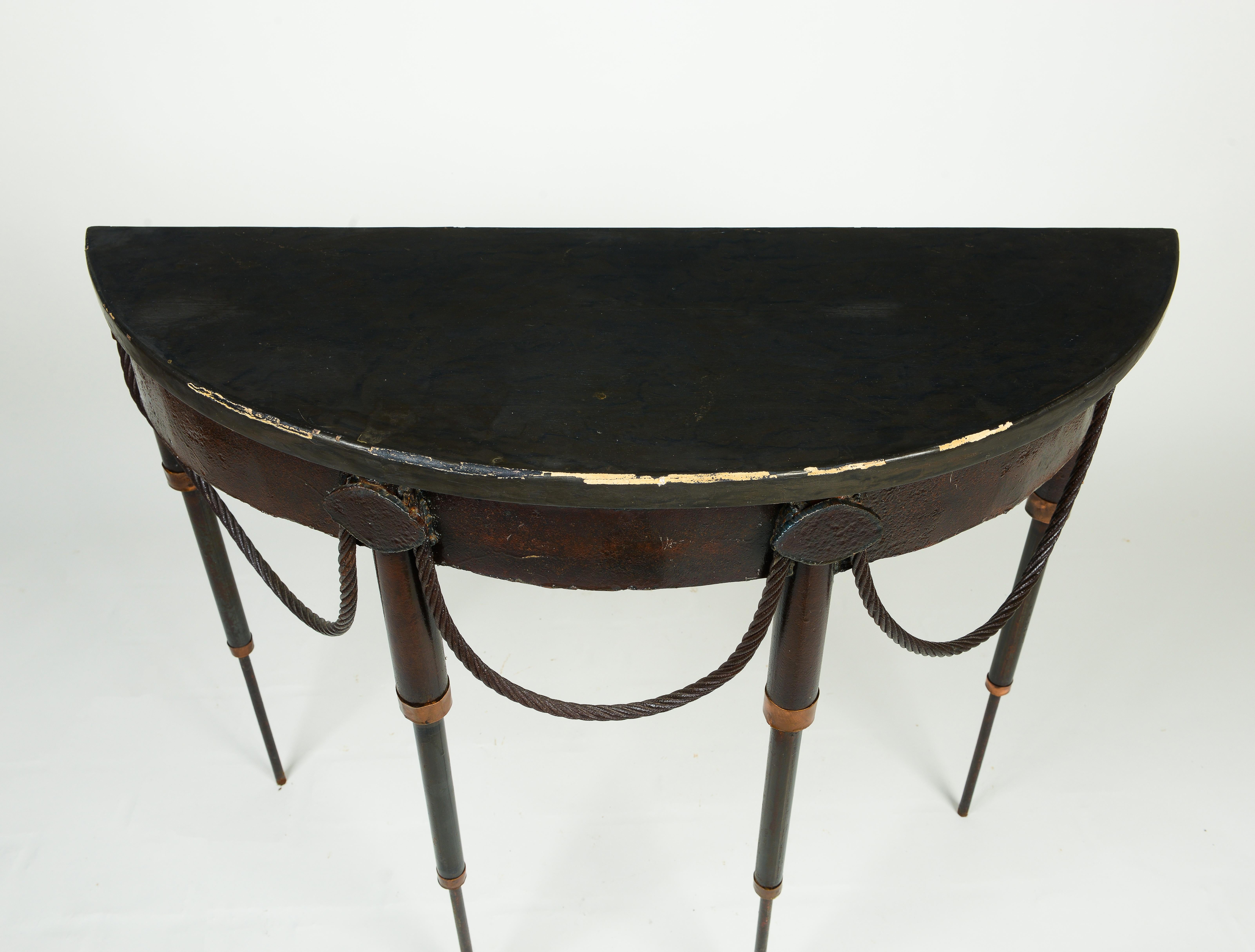 A Pair of Steampunk Iron and Faux Marble Demi-Lune Tables For Sale 5