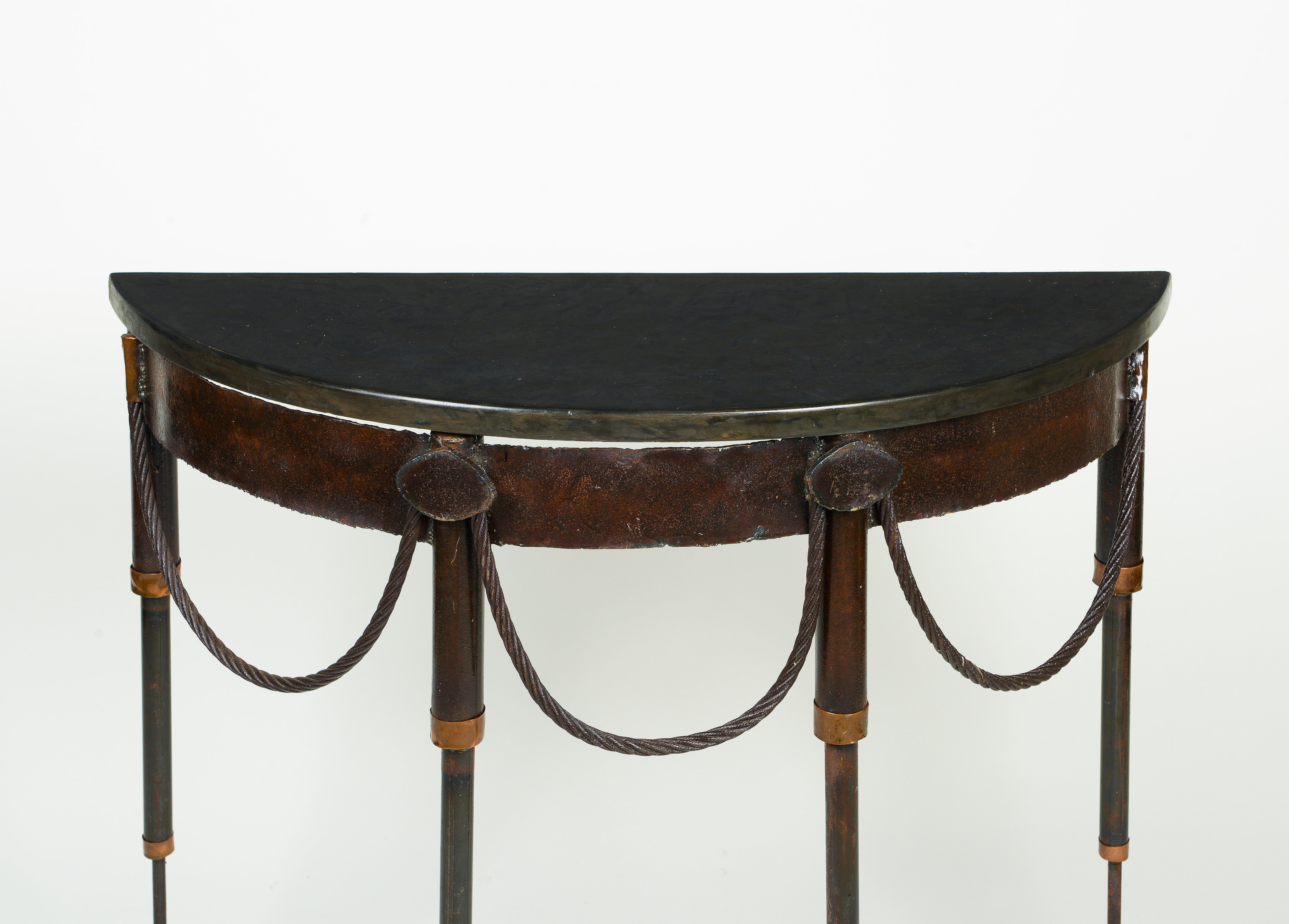 A Pair of Steampunk Iron and Faux Marble Demi-Lune Tables For Sale 2