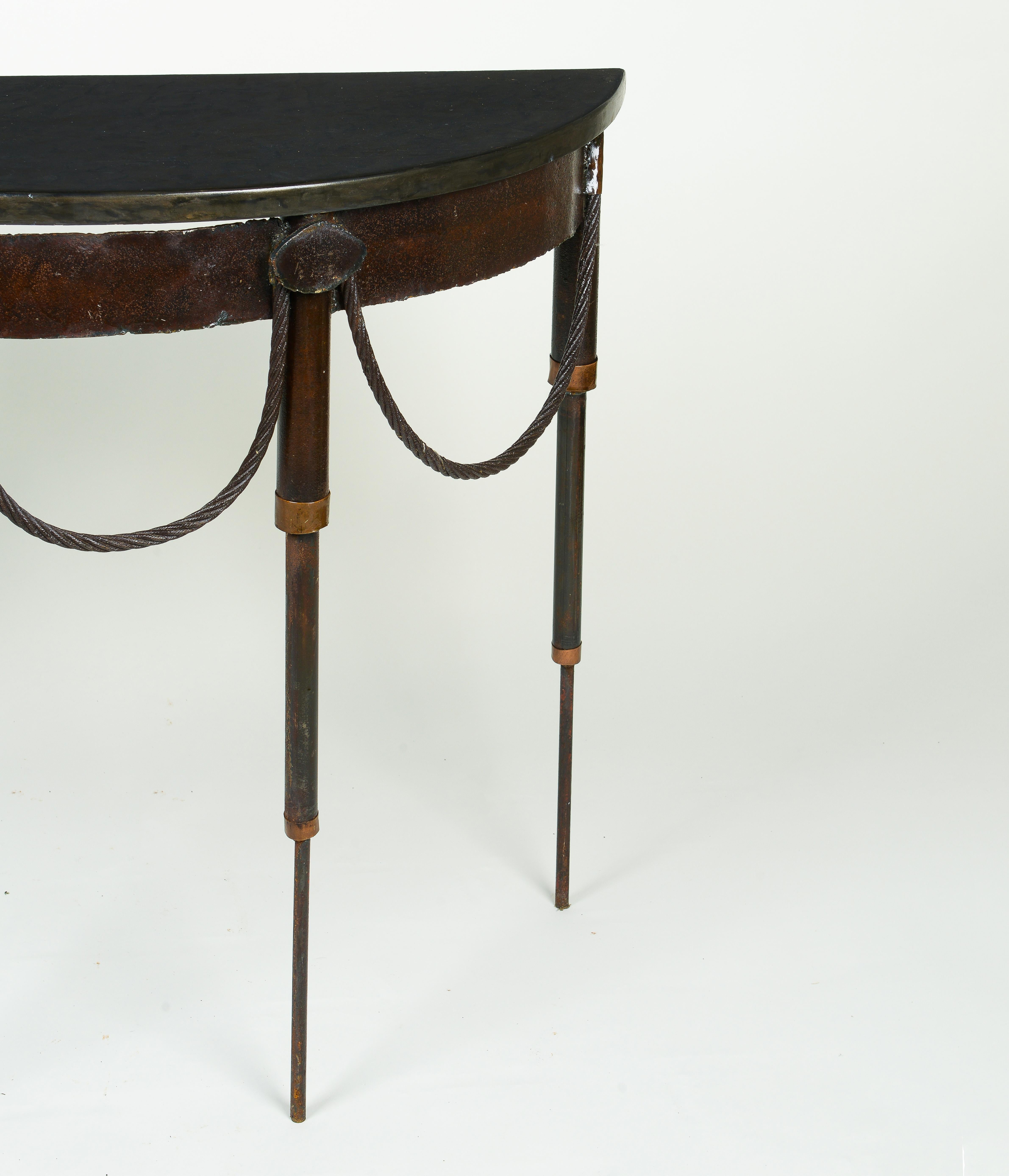 A Pair of Steampunk Iron and Faux Marble Demi-Lune Tables For Sale 3