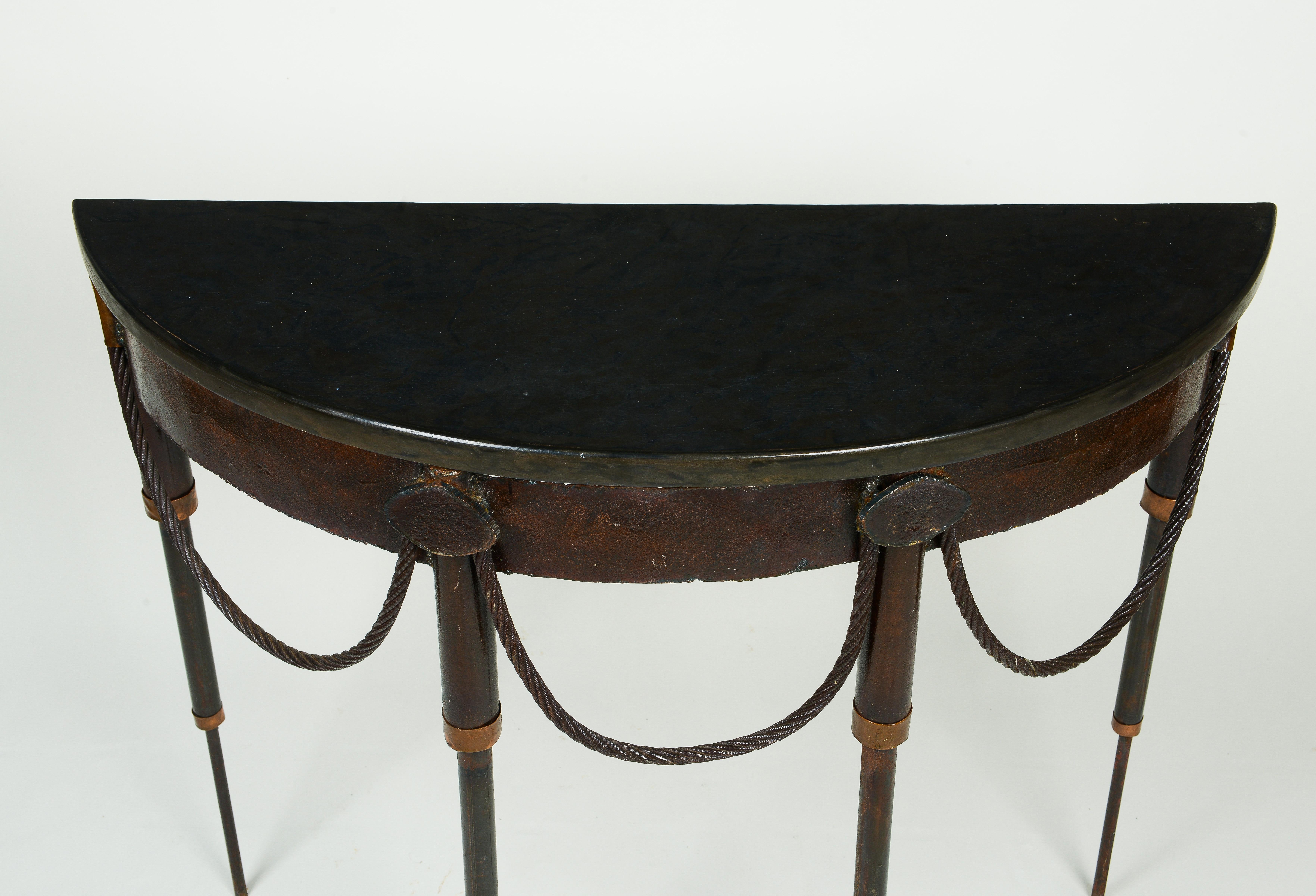 A Pair of Steampunk Iron and Faux Marble Demi-Lune Tables For Sale 4