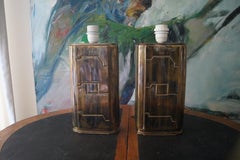 A pair of steel brass brutalist brushed table lamps. Belgium 1970's