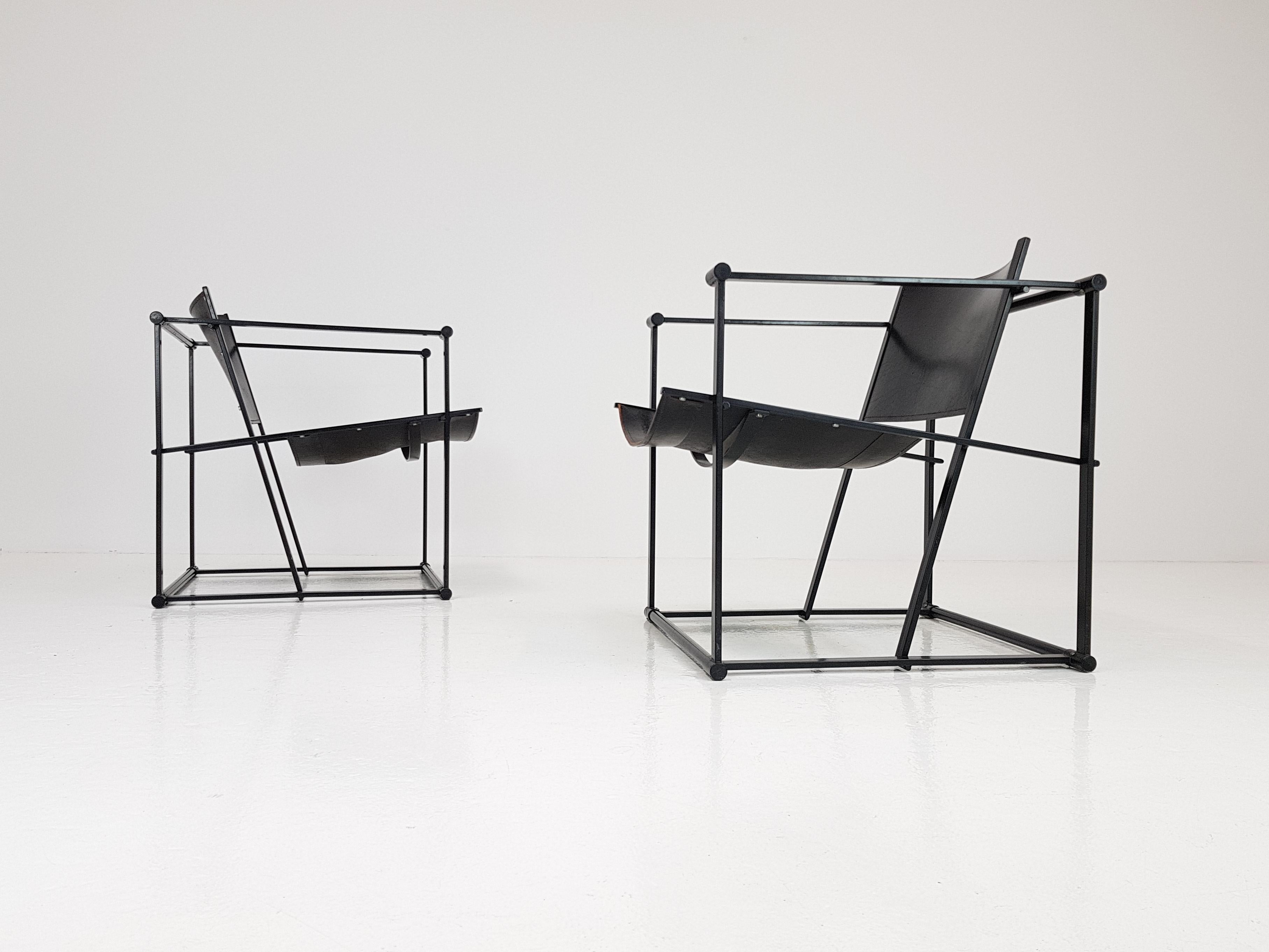 A pair of steel and leather FM62 chairs by Radboud Van Beekum for Pastoe, 1980s.

Constructed from geometrically folded steel with bent ply seating. Inspired by the designs of Gerrit Rietveld and following the traditions of the De Stijl movement