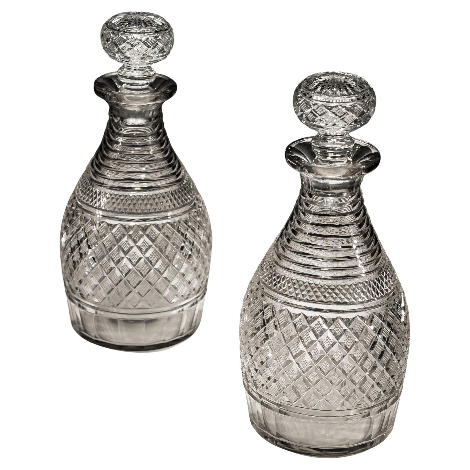 Pair of Step & Strawberry Diamond Cut Regency Decanters For Sale