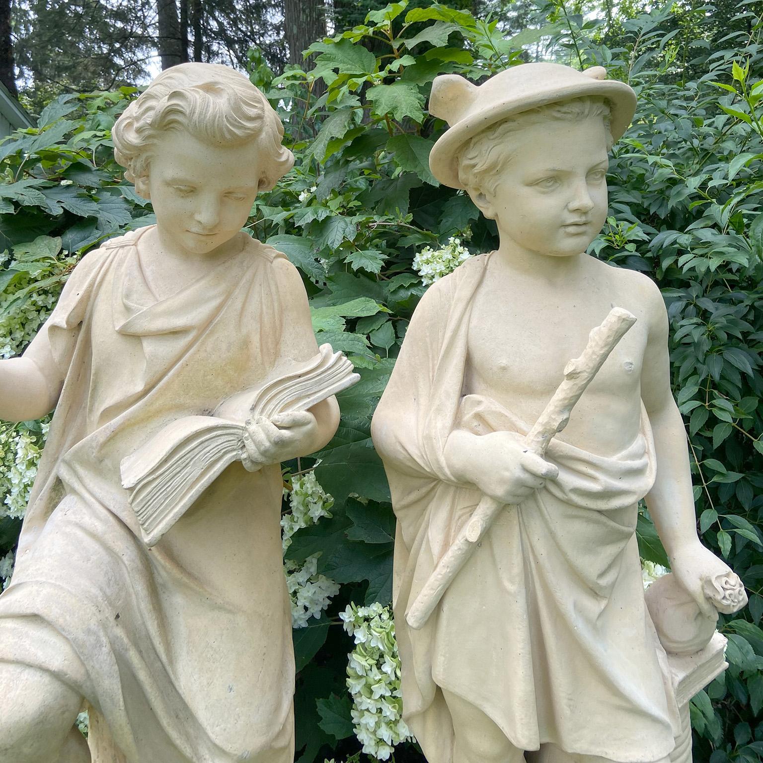 Fired A Pair of Stoneware Statues of Commerce and Knowledge For Sale