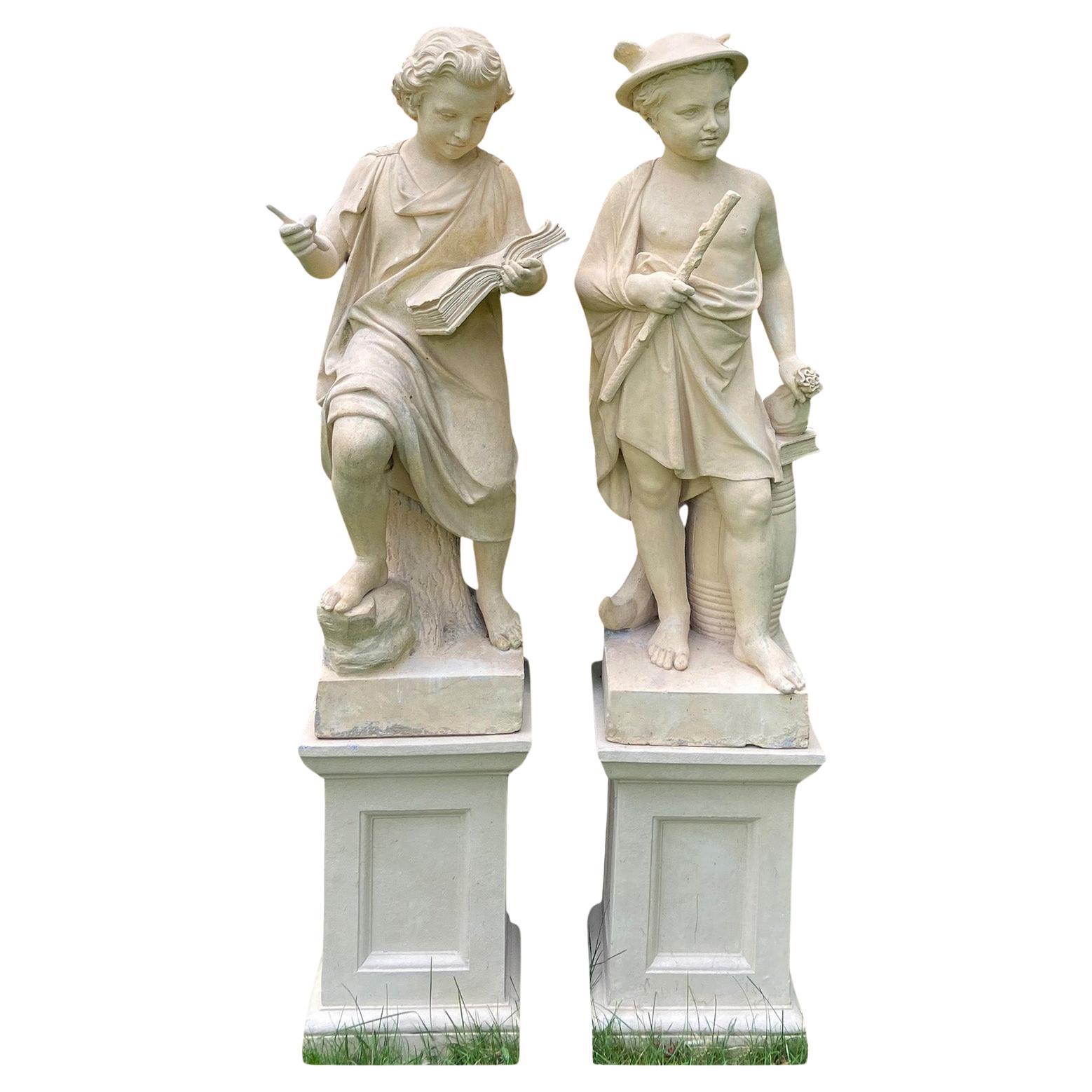 A Pair of Stoneware Statues of Commerce and Knowledge For Sale