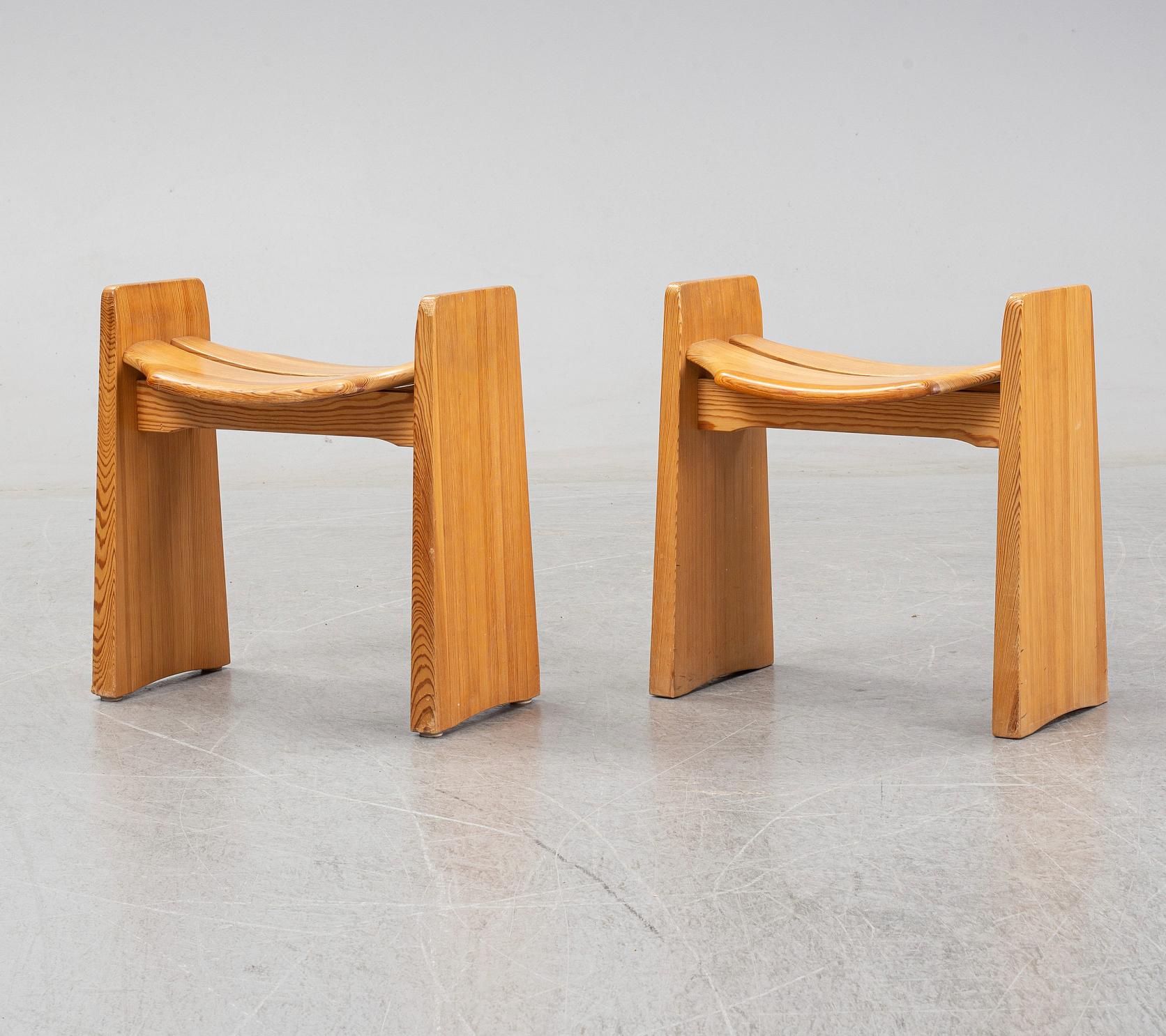 Gilbert Marklund, a pair of 'Jonte' stools, designed 1969. Produced by Furusnickarn AB, Sweden.
Lacquered pine.
  