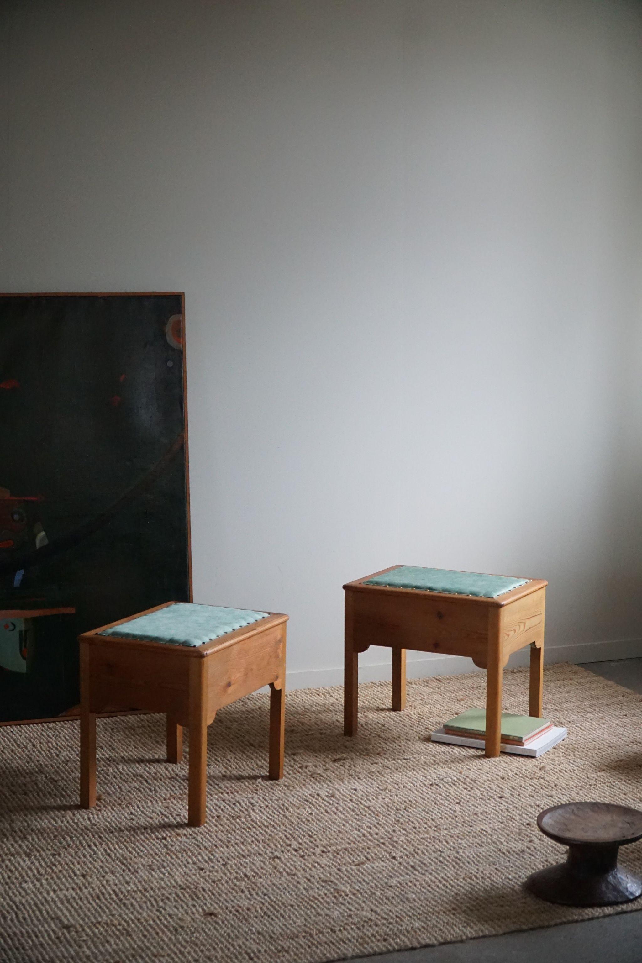 A Pair of Stools in Pine & Fabric with Storage, By a Swedish Cabinetmaker, 1950s For Sale 11